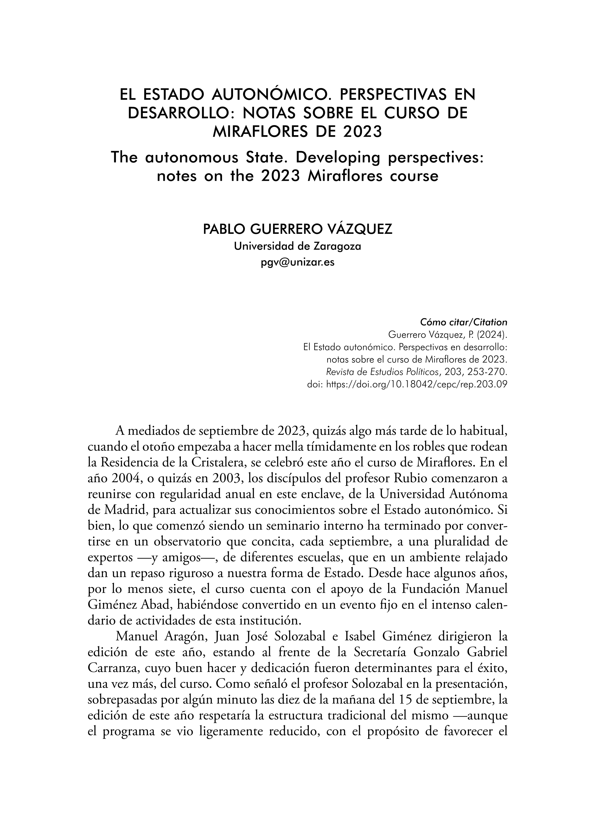 El Estado autonómico. Perspectivas en desarrollo: Notas sobre el curso de Miraflores de 2023