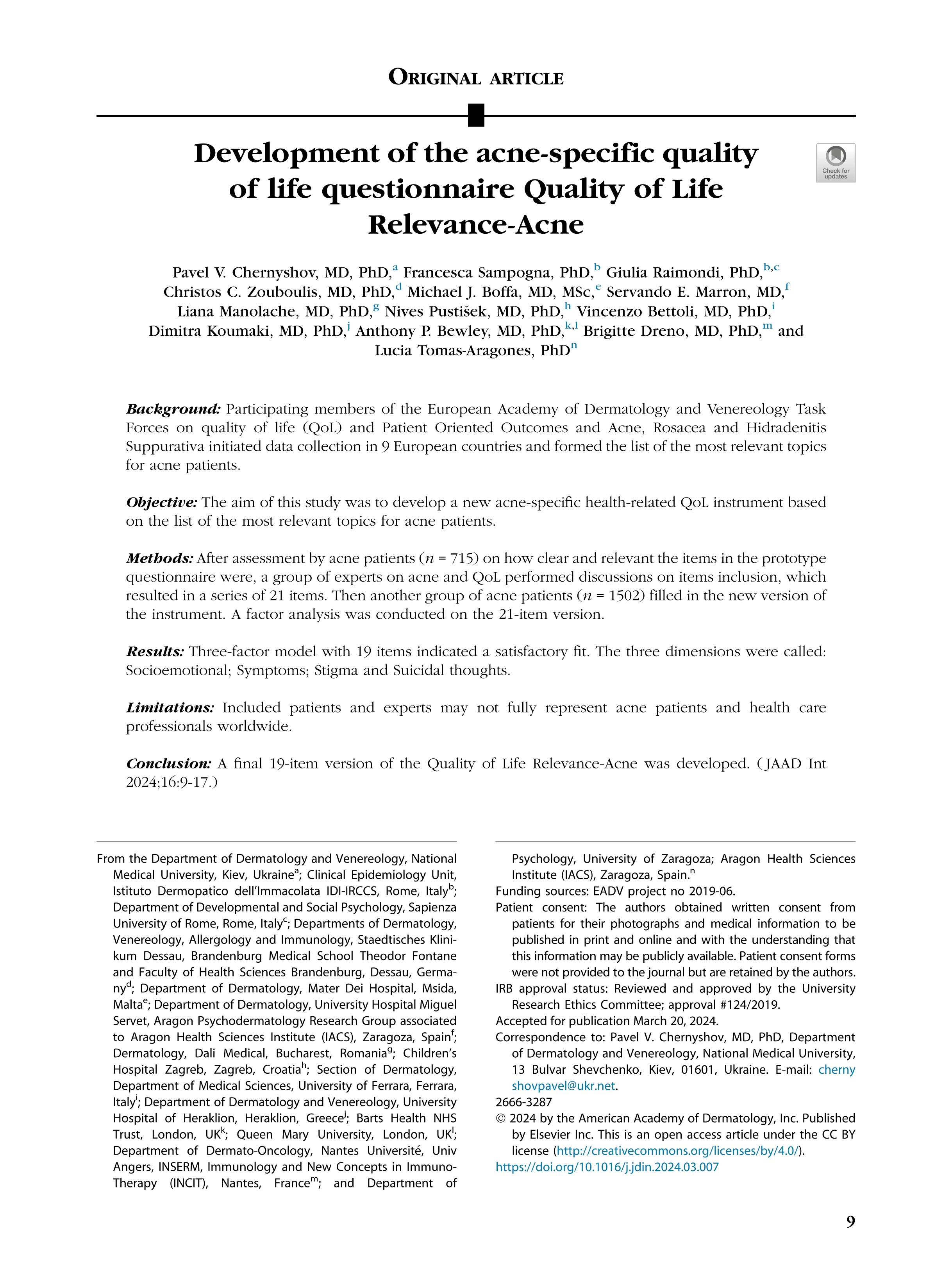 Development of the acne-specific quality of life questionnaire Quality of Life Relevance-Acne