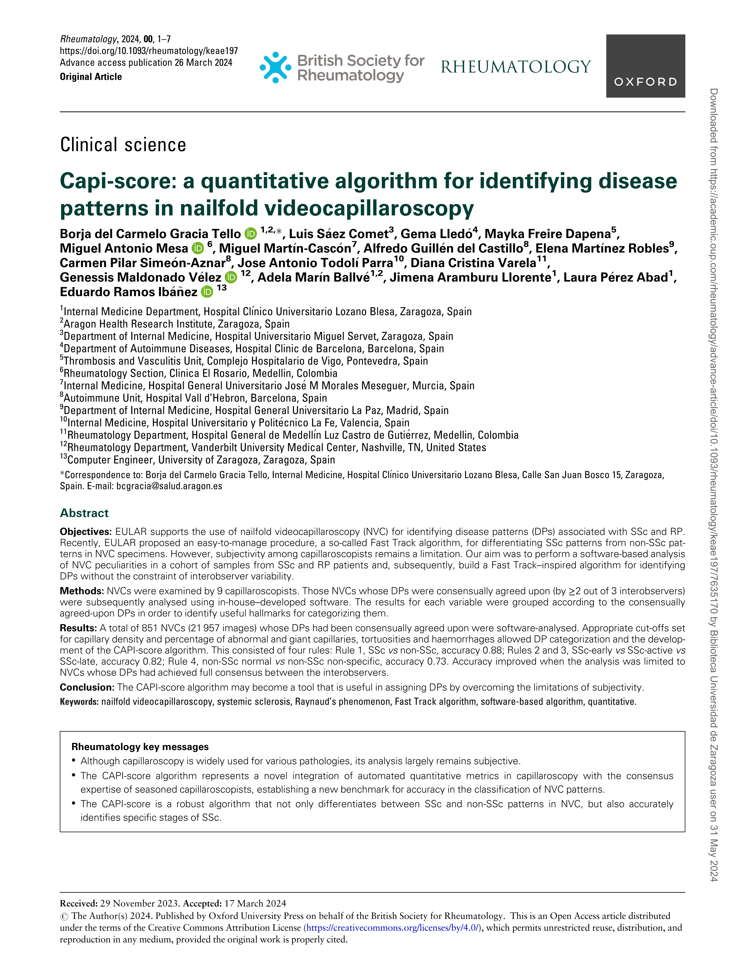 Capi-score: a quantitative algorithm for identifying disease patterns in nailfold videocapillaroscopy