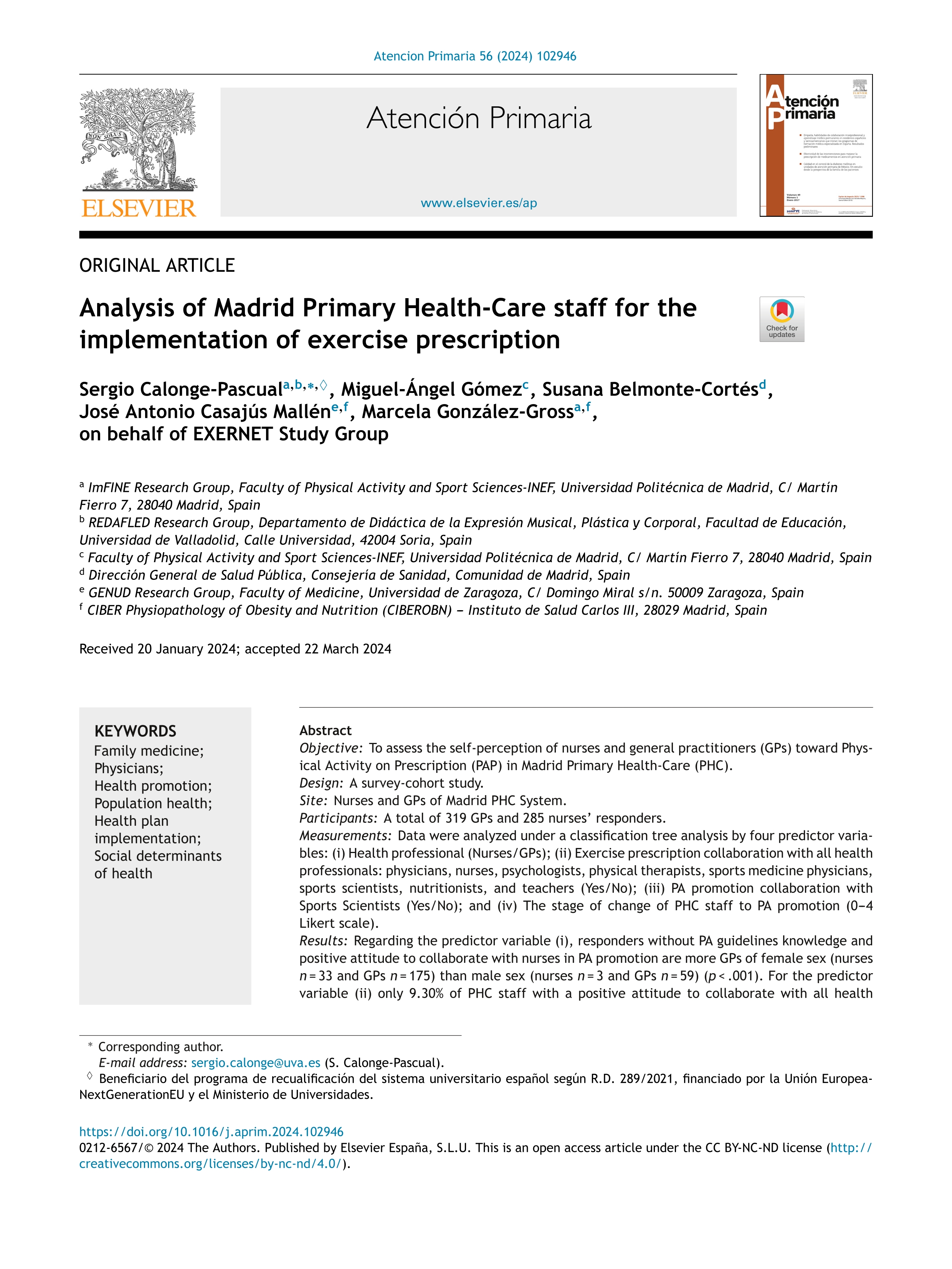 Analysis of Madrid Primary Health-Care staff for the implementation of exercise prescription