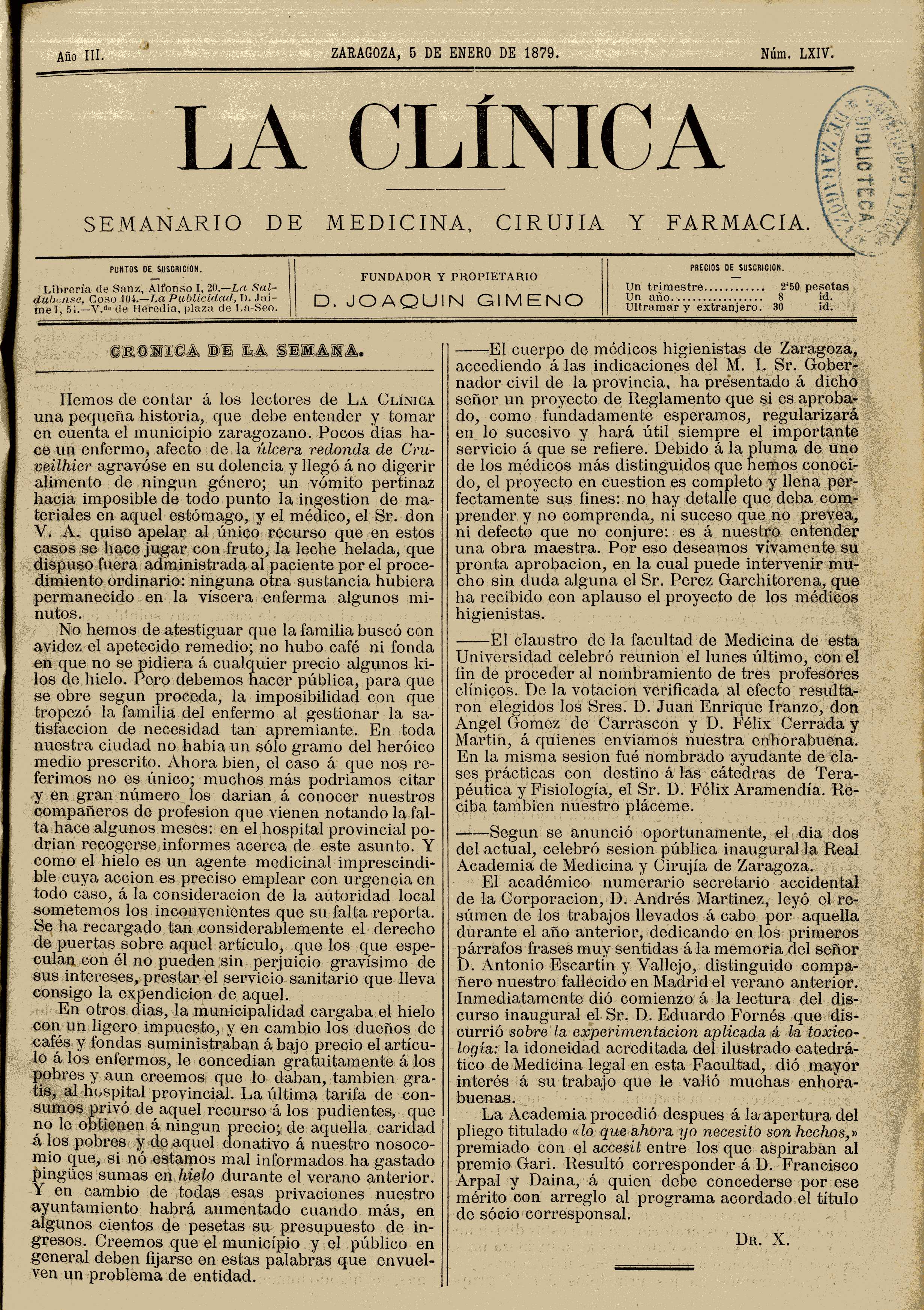 La Clínica (Zaragoza), III (1879)