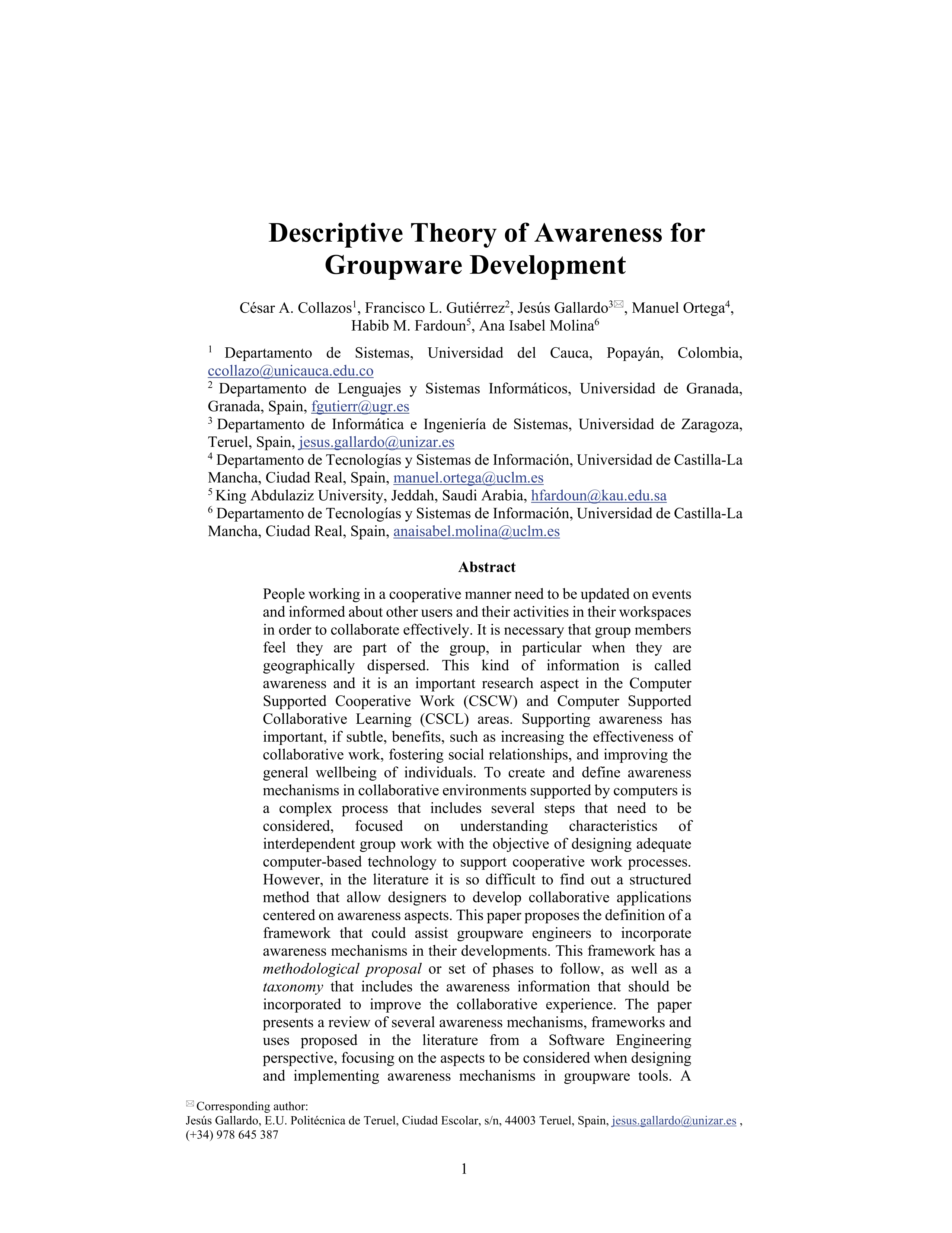 Descriptive theory of awareness for groupware development