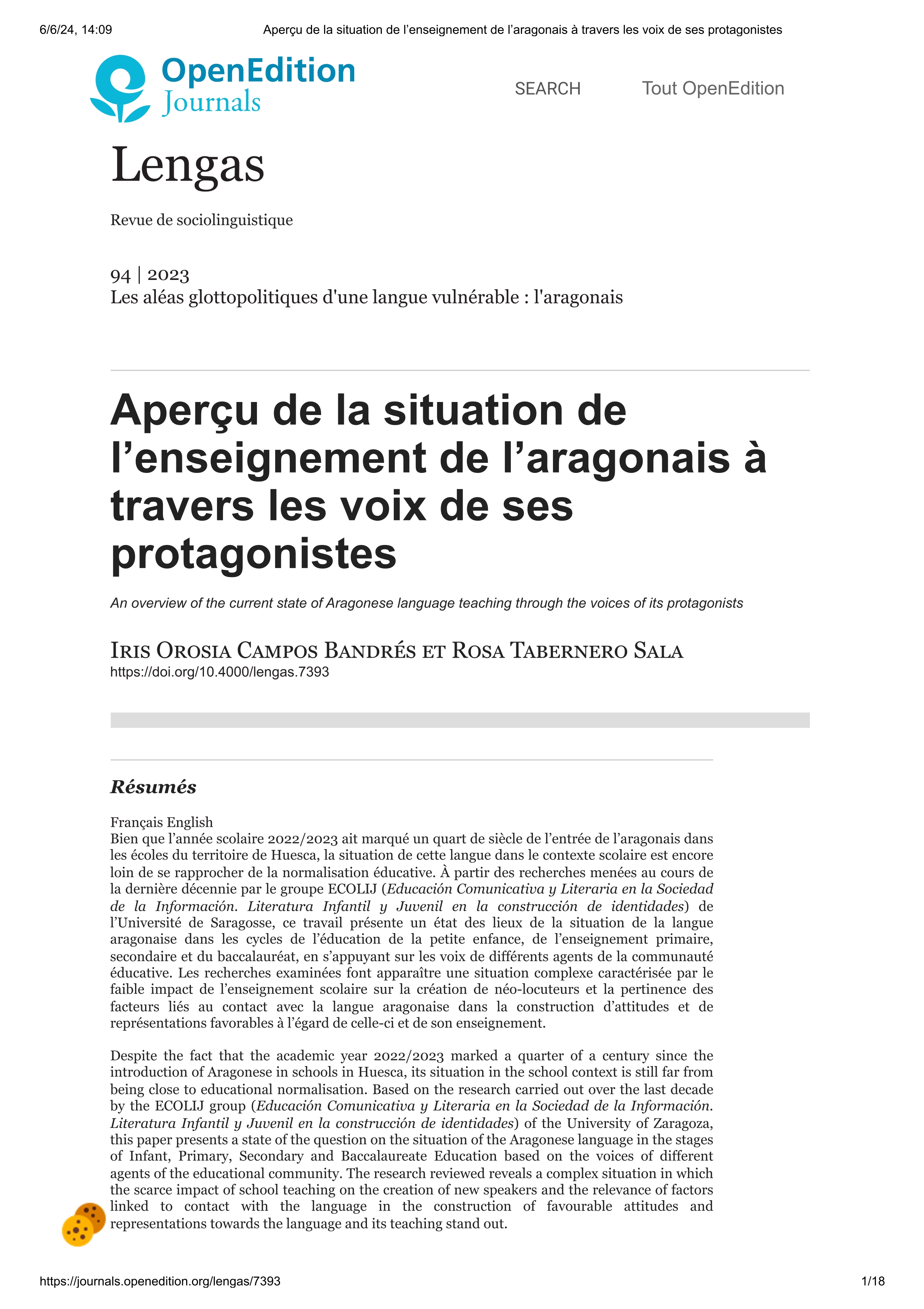 Aperçu de la situation de l’enseignement de l’aragonais à travers les voix de ses protagonistes