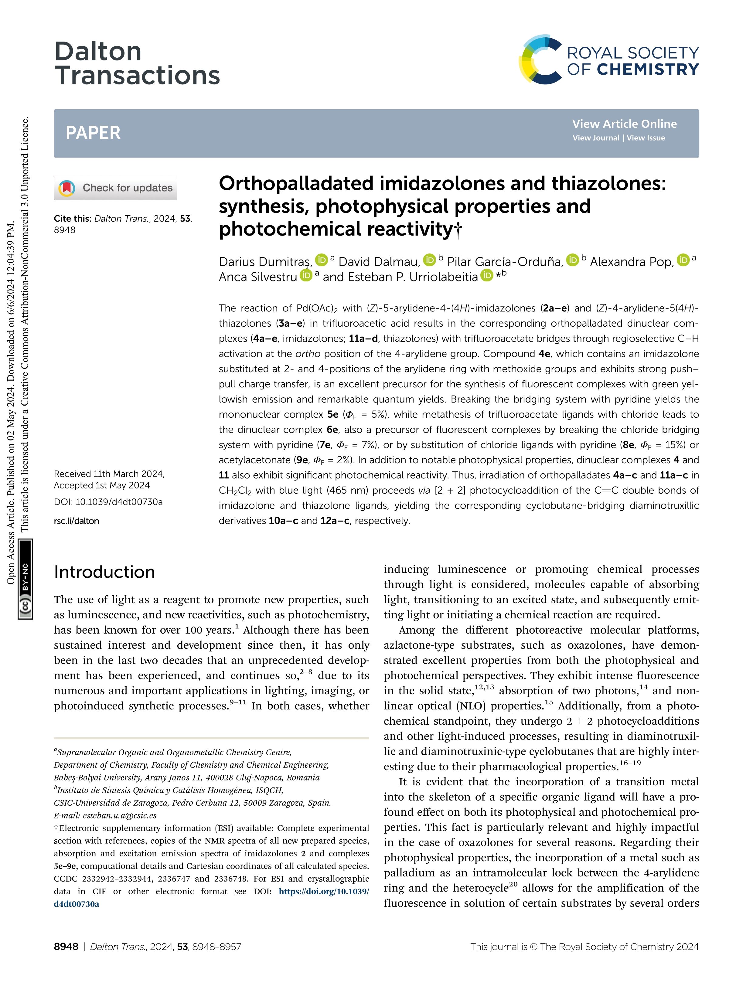 Orthopalladated imidazolones and thiazolones: synthesis, photophysical properties and photochemical reactivity