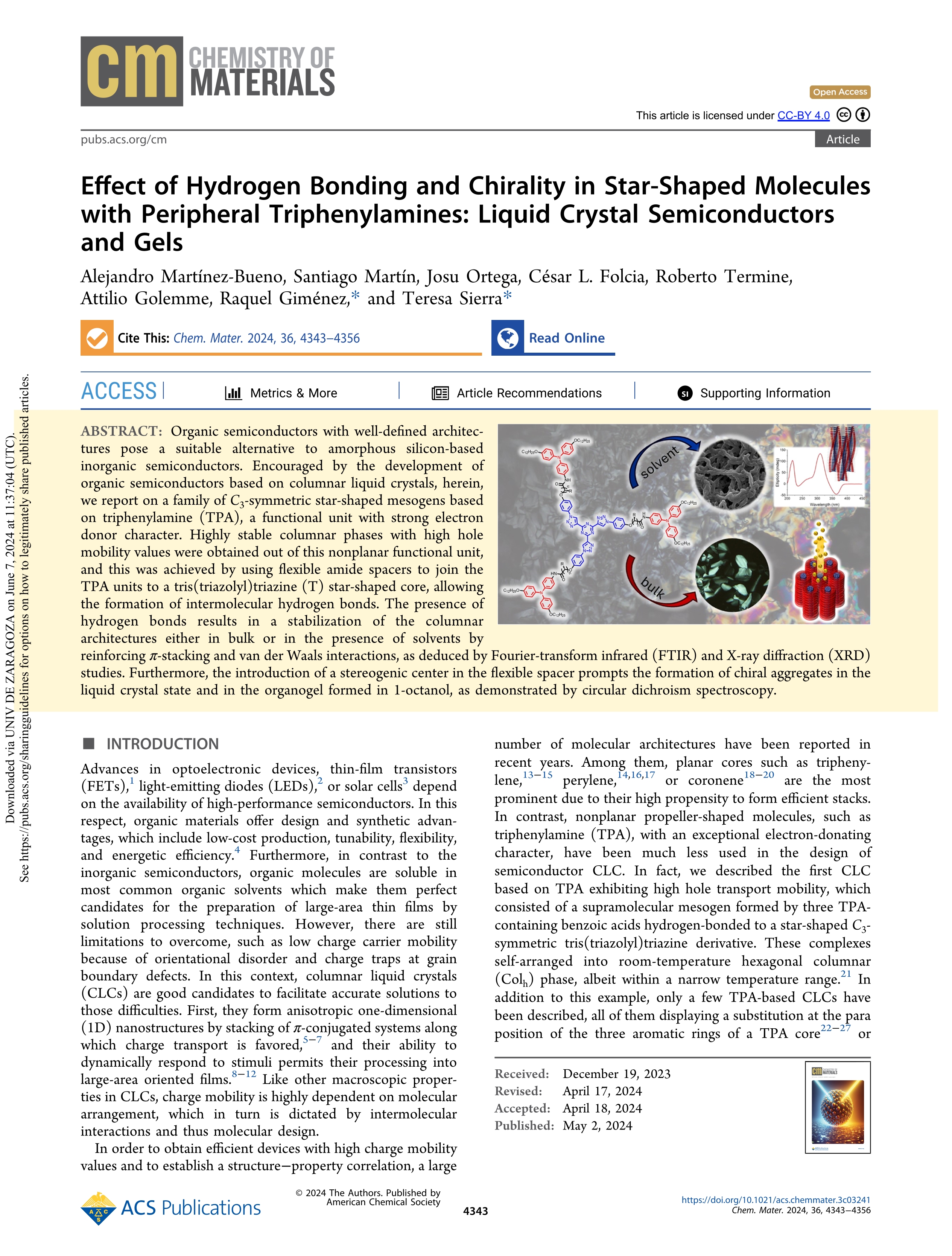 Effect of Hydrogen Bonding and Chirality in Star-Shaped Molecules with Peripheral Triphenylamines: Liquid Crystal Semiconductors and Gels