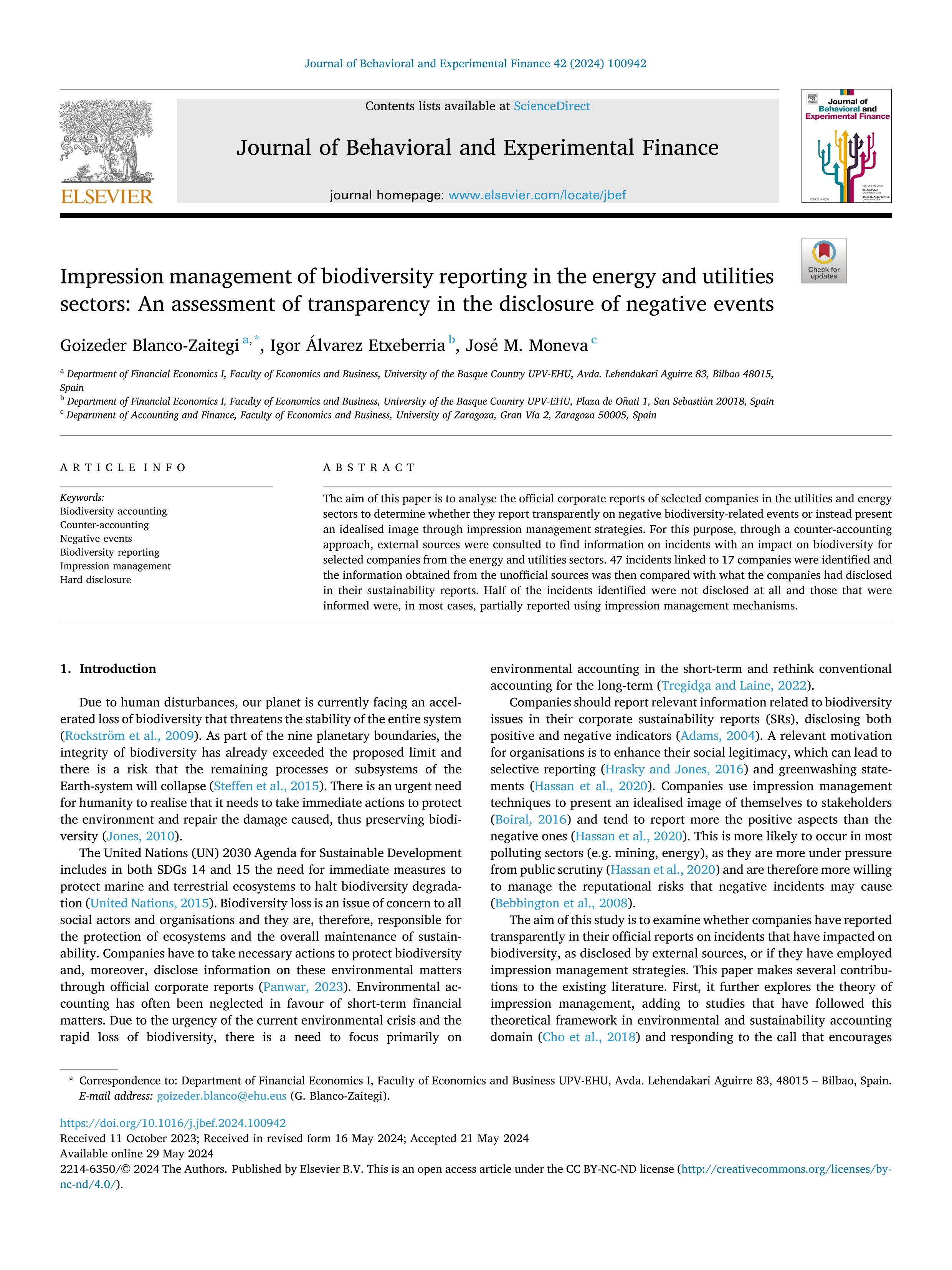 Impression management of biodiversity reporting in the energy and utilities sectors: An assessment of transparency in the disclosure of negative events