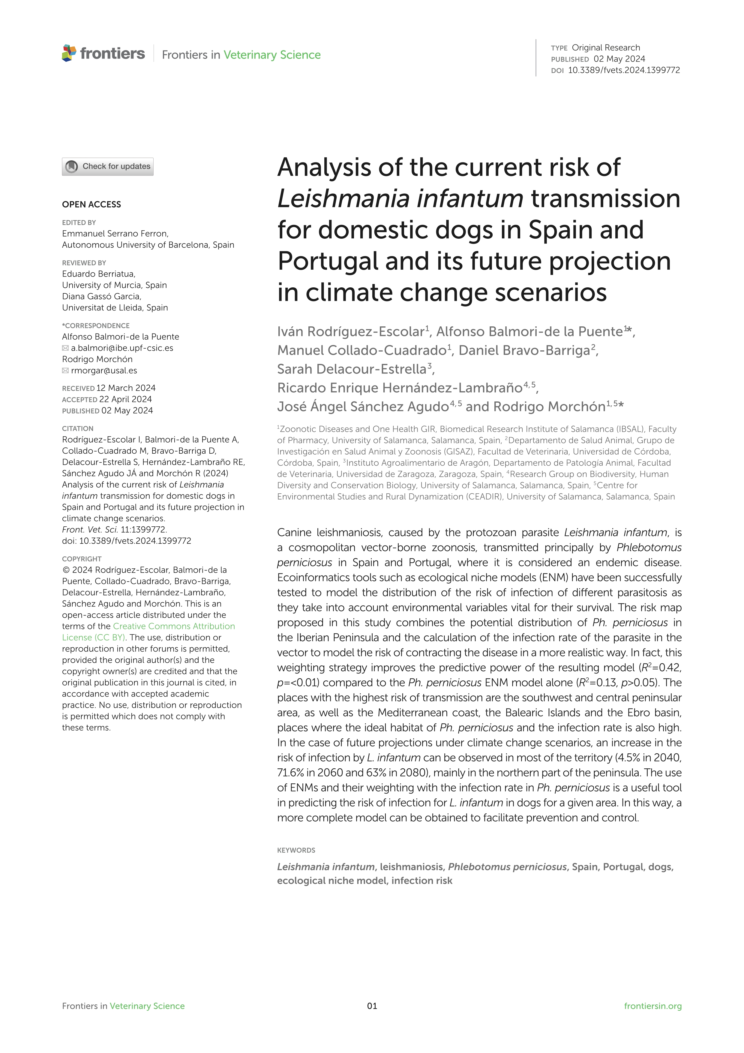 Analysis of the current risk of Leishmania infantum transmission for domestic dogs in Spain and Portugal and its future projection in climate change scenarios