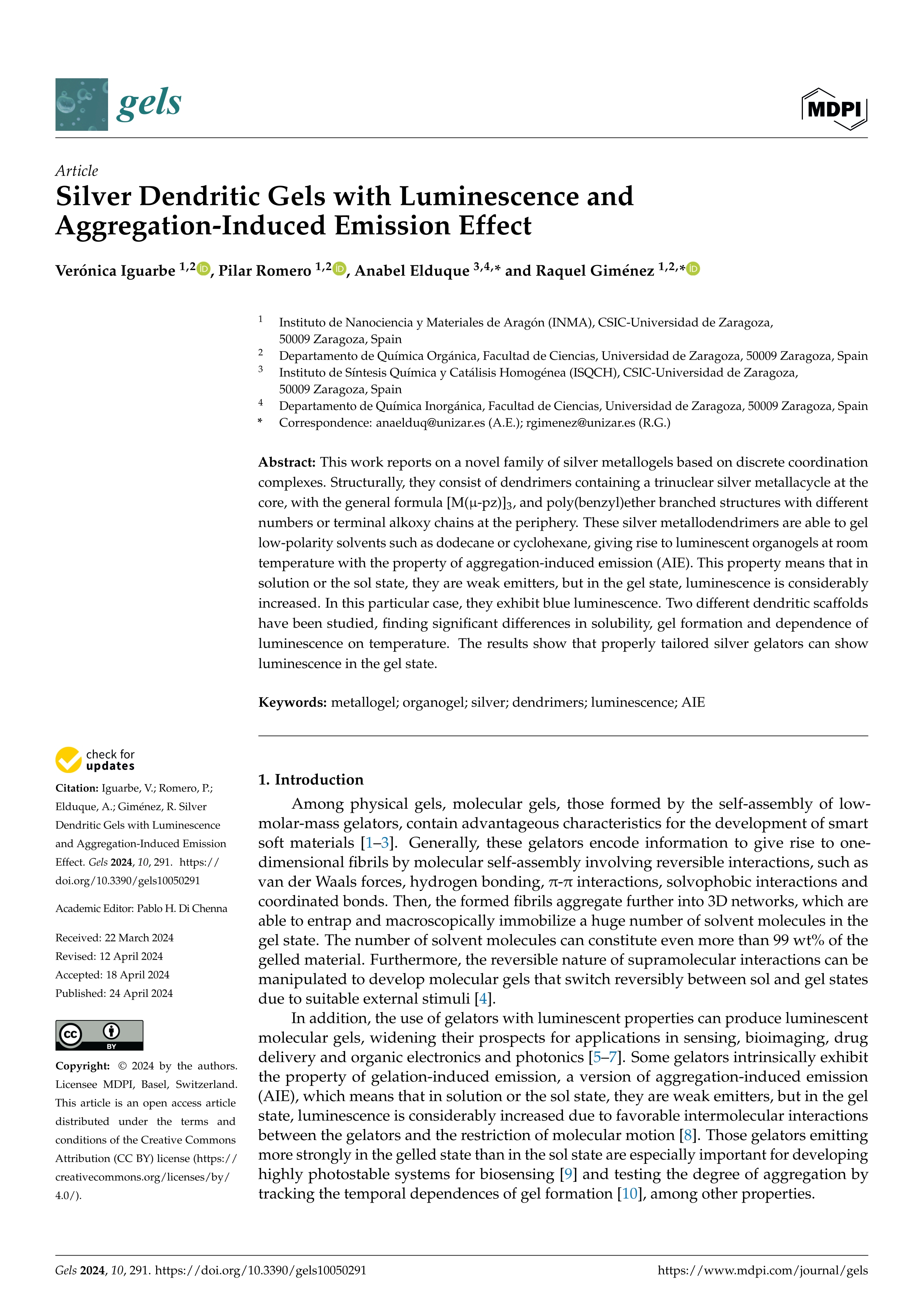 Silver Dendritic Gels with Luminescence and Aggregation-Induced Emission Effect