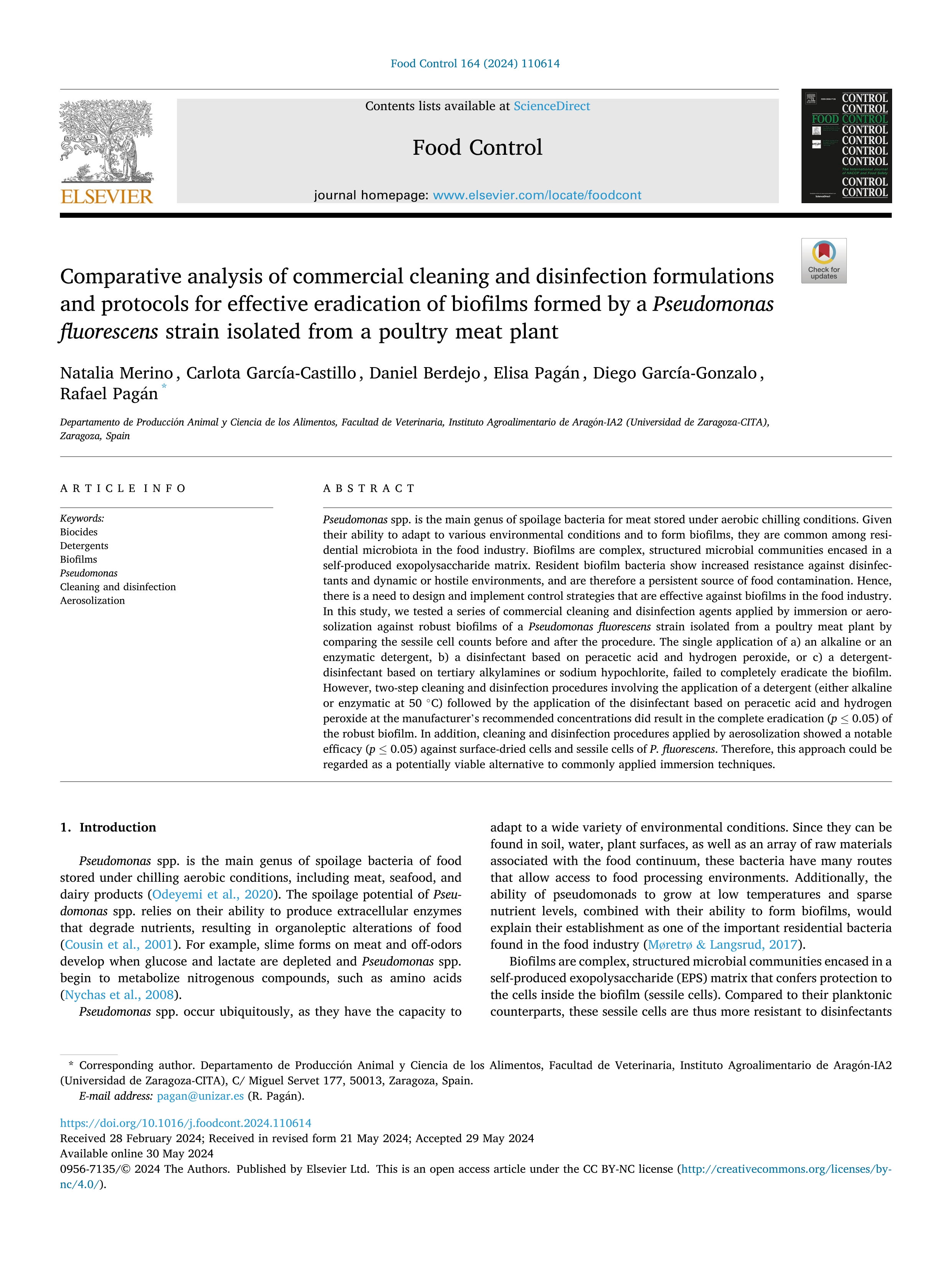 Comparative analysis of commercial cleaning and disinfection formulations and protocols for effective eradication of biofilms formed by a Pseudomonas fluorescens strain isolated from a poultry meat plant