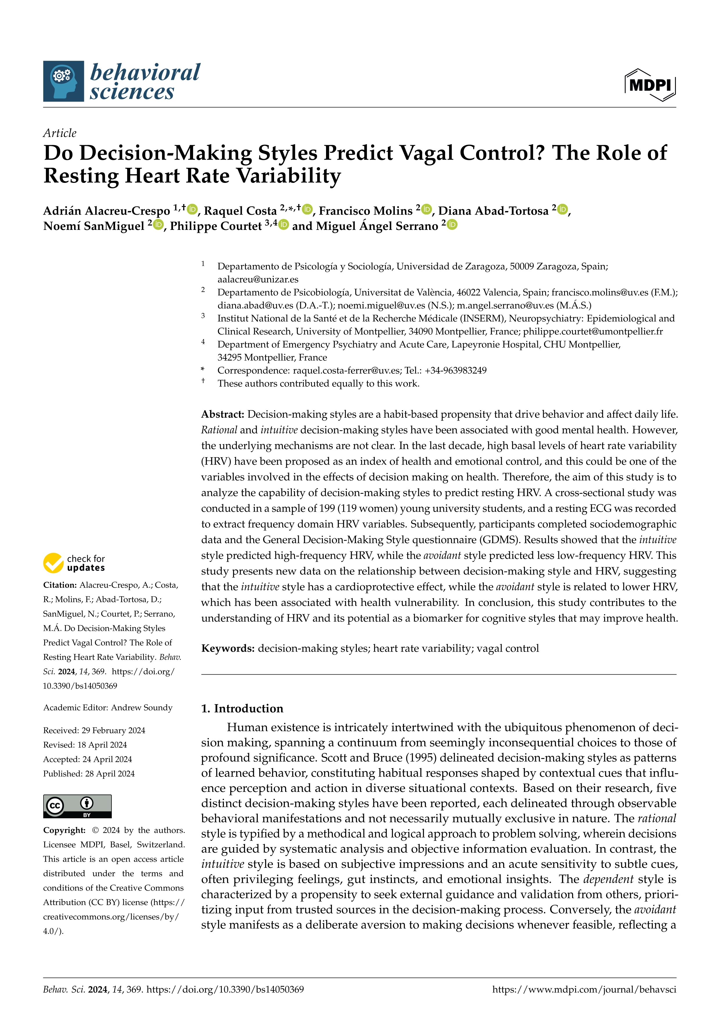 Do Decision-Making Styles Predict Vagal Control? The Role of Resting Heart Rate Variability