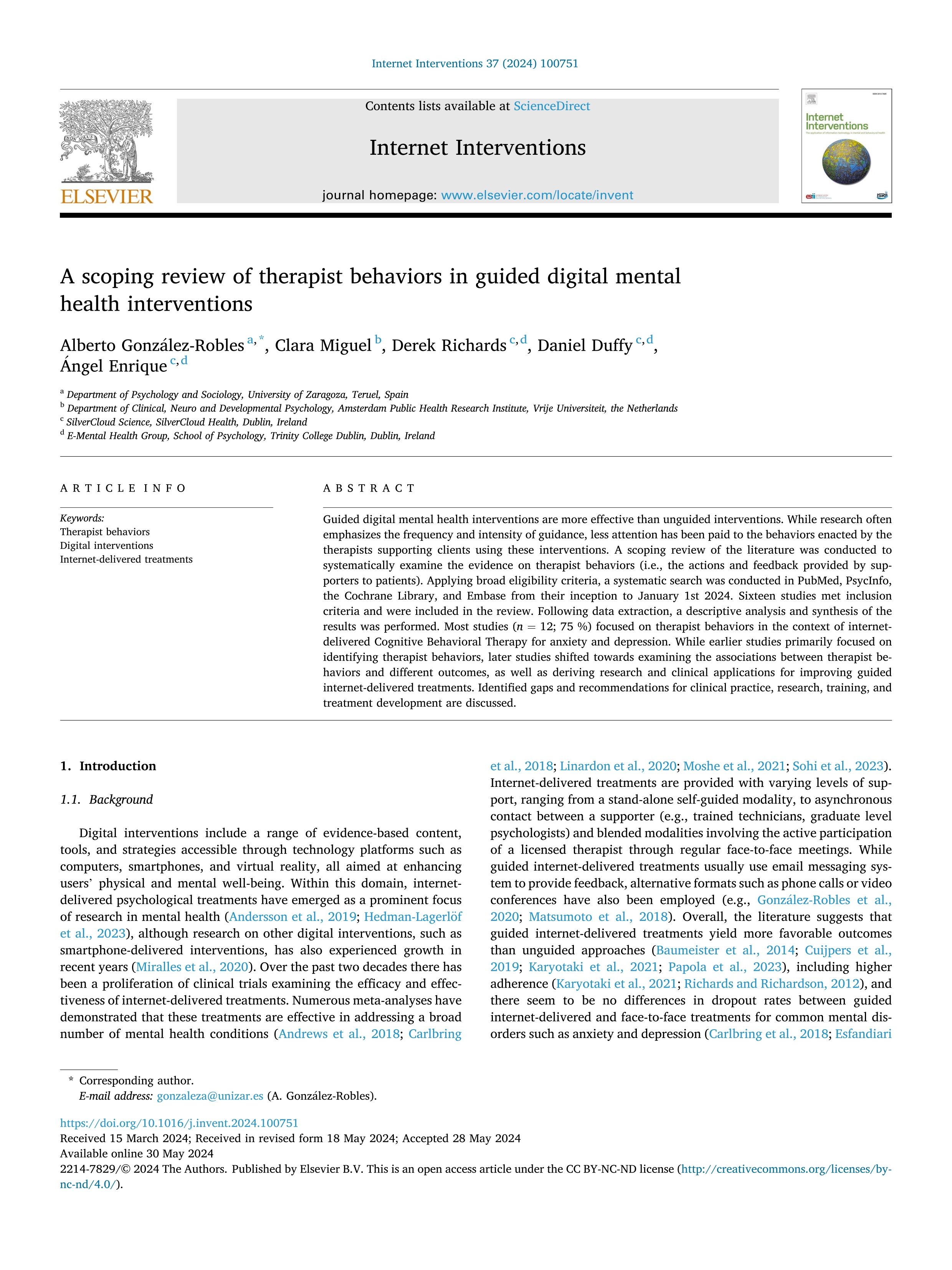 A scoping review of therapist behaviors in guided digital mental health interventions