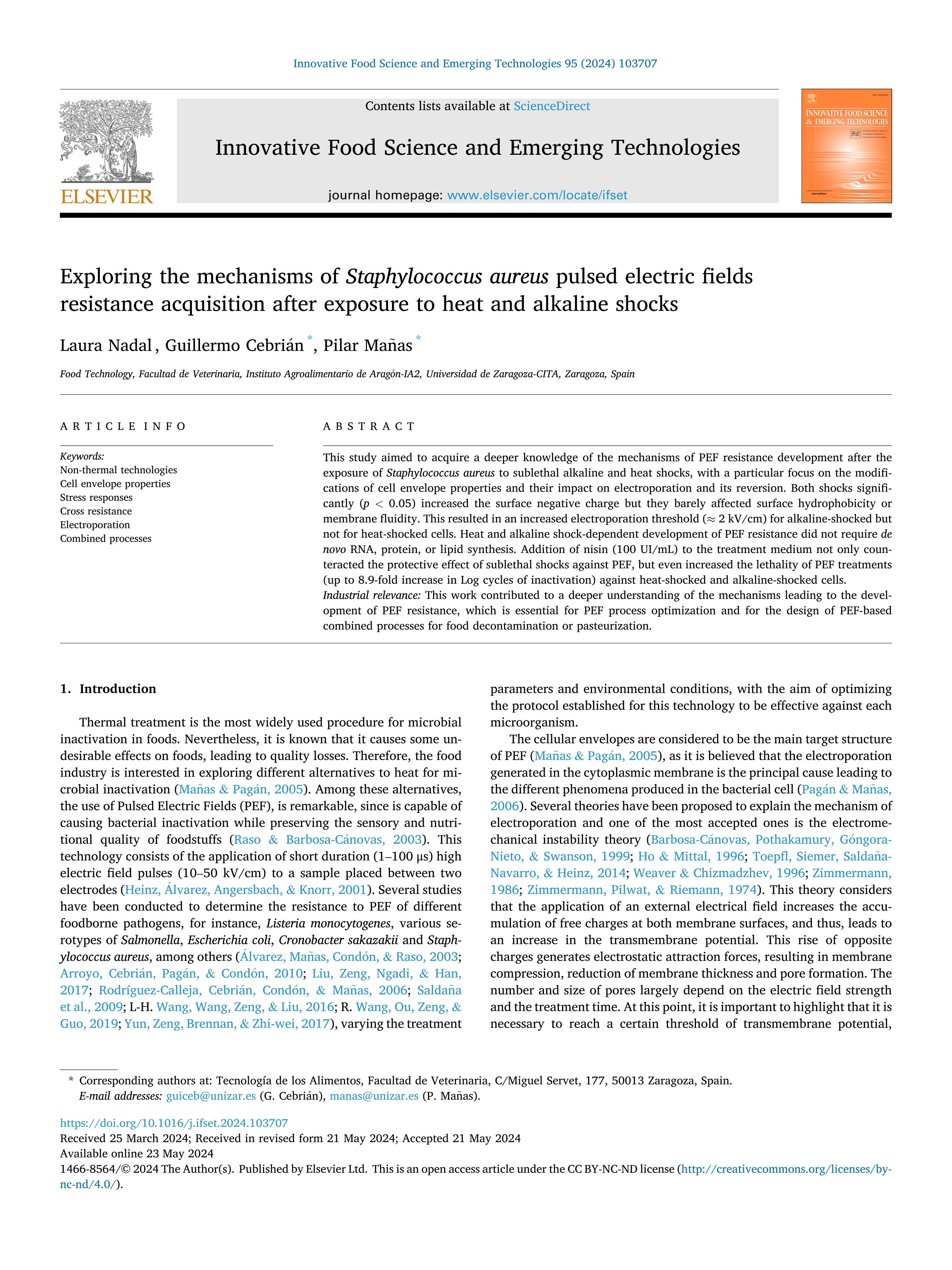 Exploring the mechanisms of Staphylococcus aureus pulsed electric fields resistance acquisition after exposure to heat and alkaline shocks