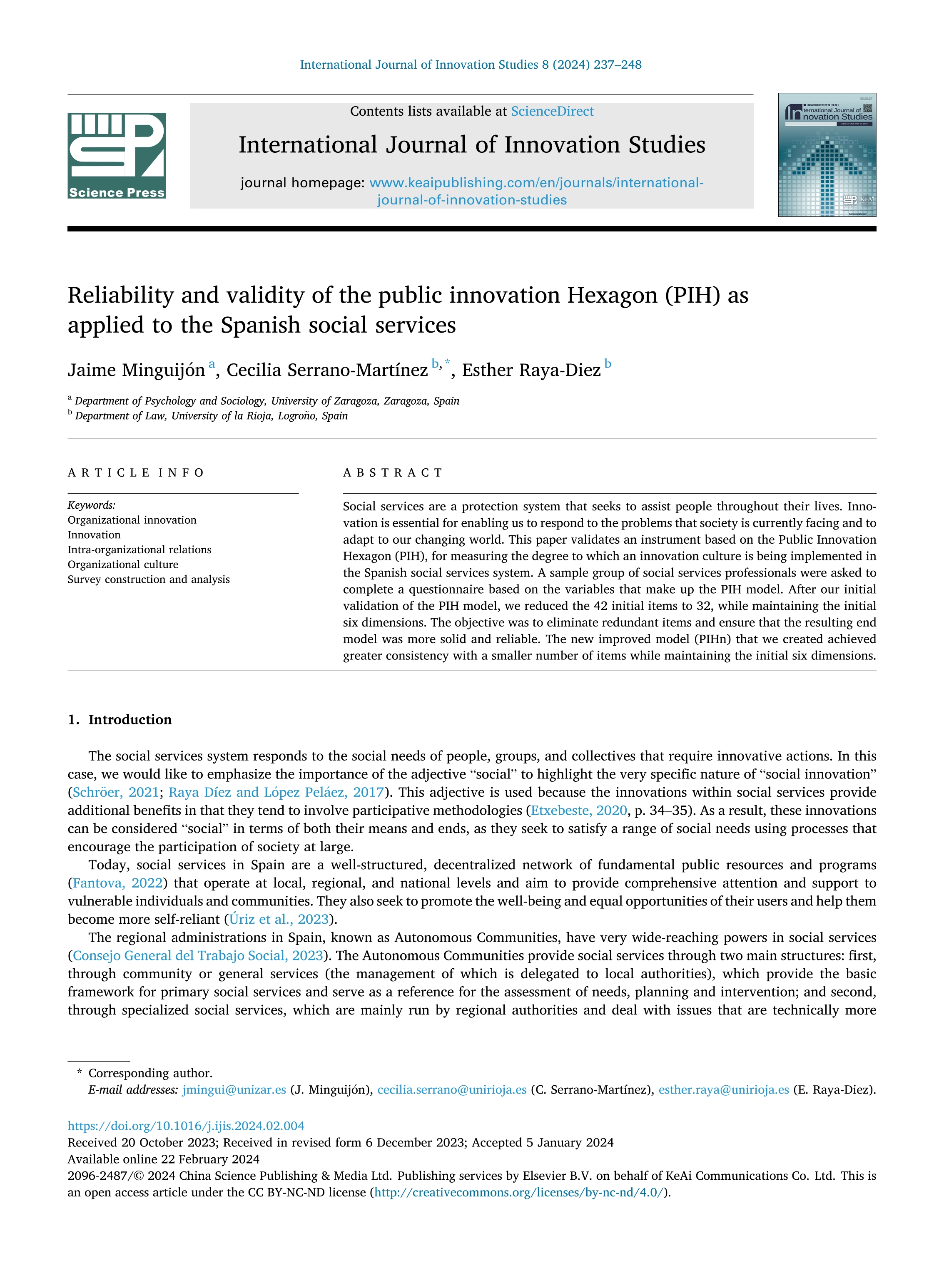 Reliability and validity of the public innovation Hexagon (PIH) as applied to the Spanish social services