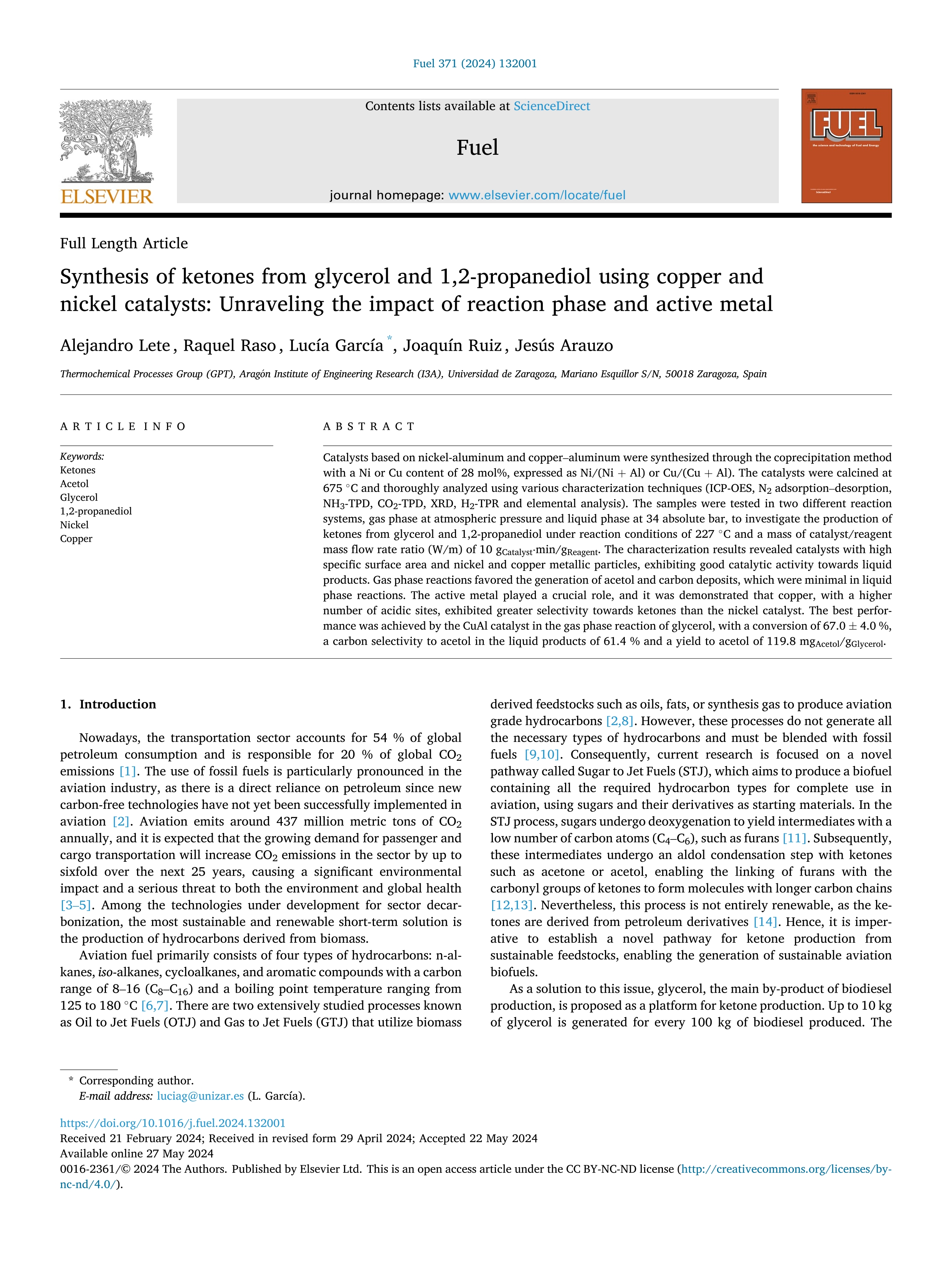 Synthesis of ketones from glycerol and 1,2-propanediol using copper and nickel catalysts: Unraveling the impact of reaction phase and active metal