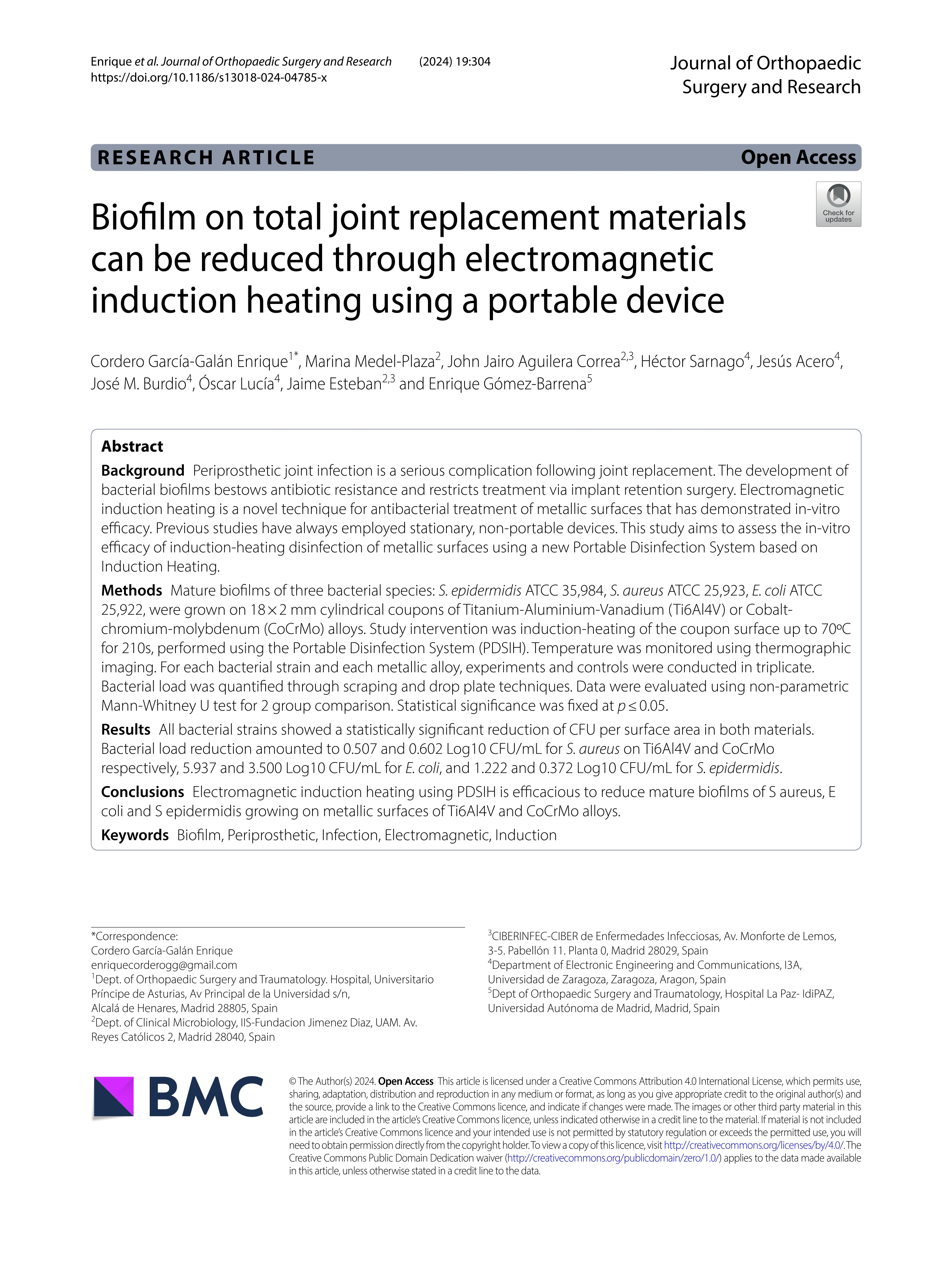 Biofilm on total joint replacement materials can be reduced through electromagnetic induction heating using a portable device