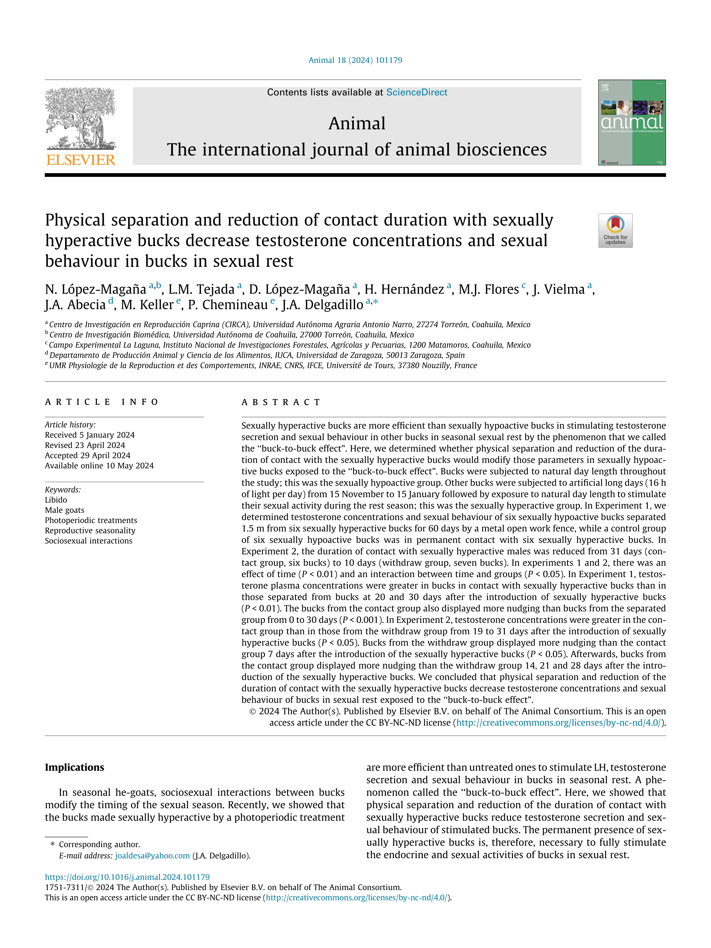 Physical separation and reduction of contact duration with sexually hyperactive bucks decrease testosterone concentrations and sexual behaviour in bucks in sexual rest