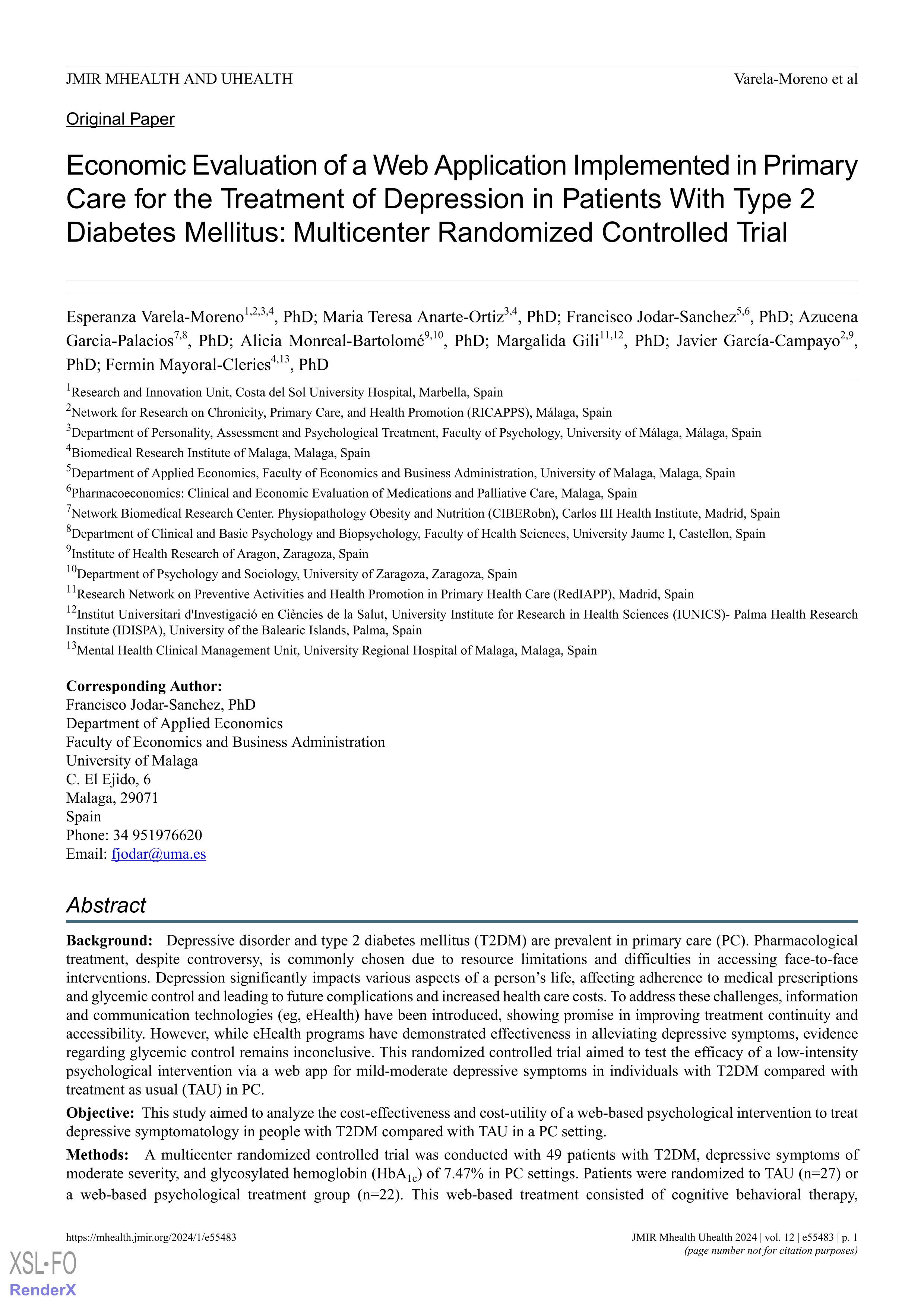 Economic Evaluation of a Web Application Implemented in Primary Care for the Treatment of Depression in Patients With Type 2 Diabetes Mellitus: Multicenter Randomized Controlled Trial