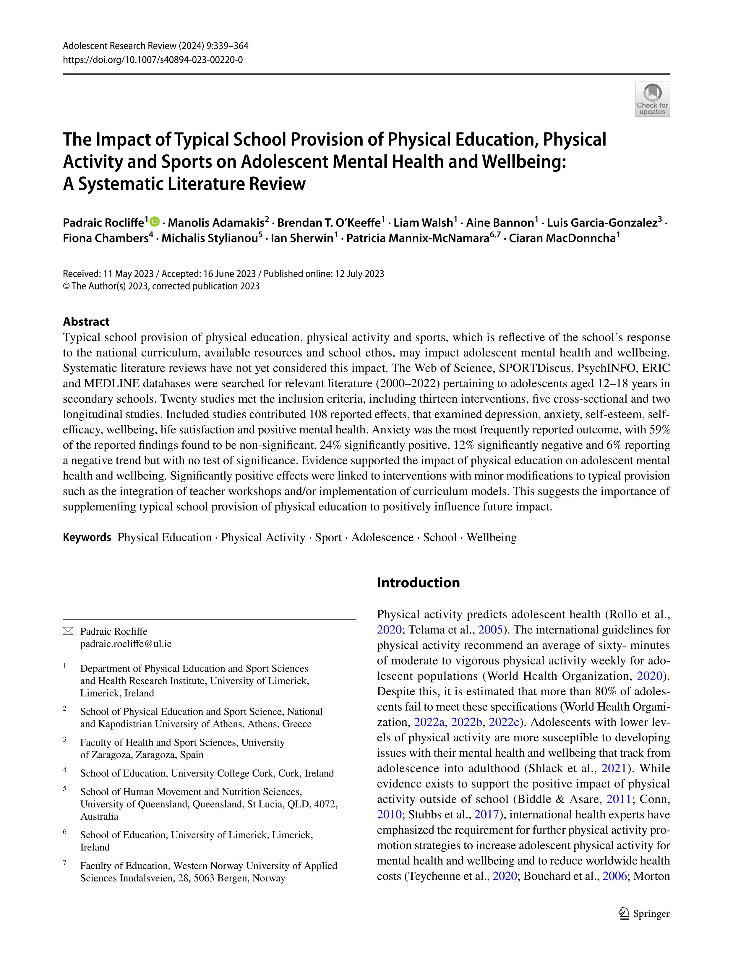 The Impact of Typical School Provision of Physical Education, Physical Activity and Sports on Adolescent Mental Health and Wellbeing: A Systematic Literature Review