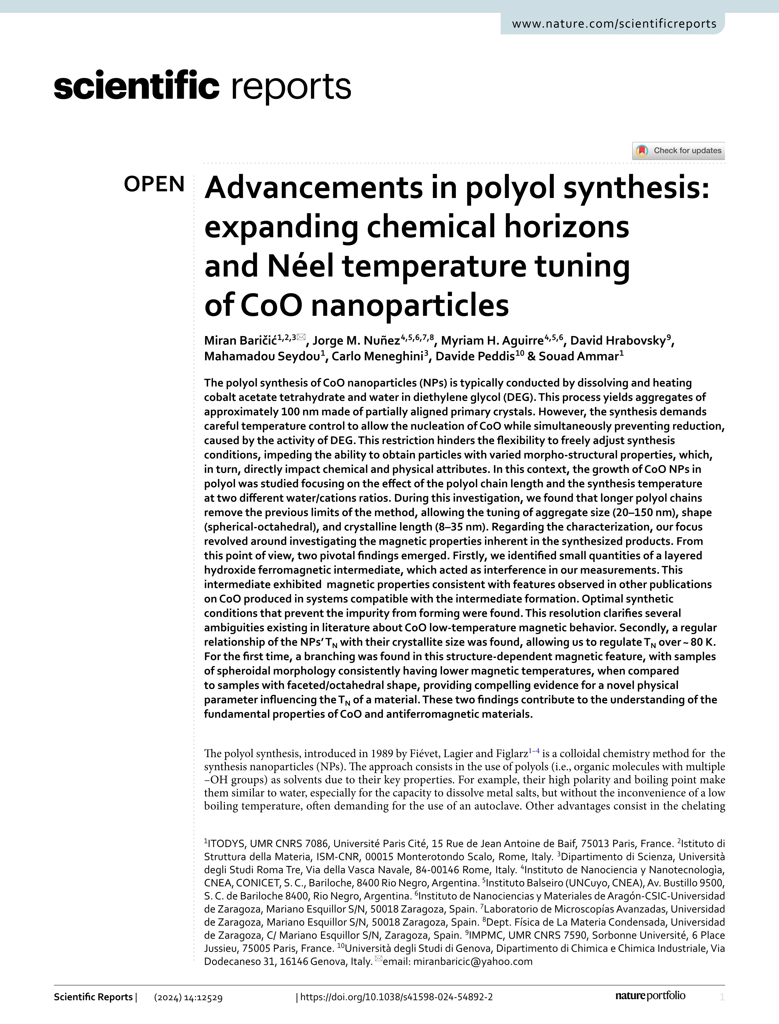 Advancements in polyol synthesis: expanding chemical horizons and Néel temperature tuning of CoO nanoparticles