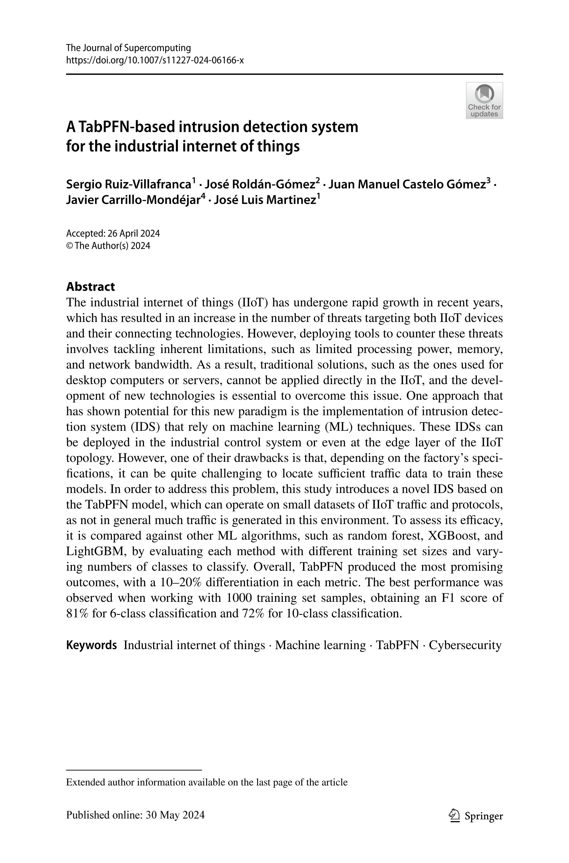 A TabPFN-based intrusion detection system for the industrial internet of things