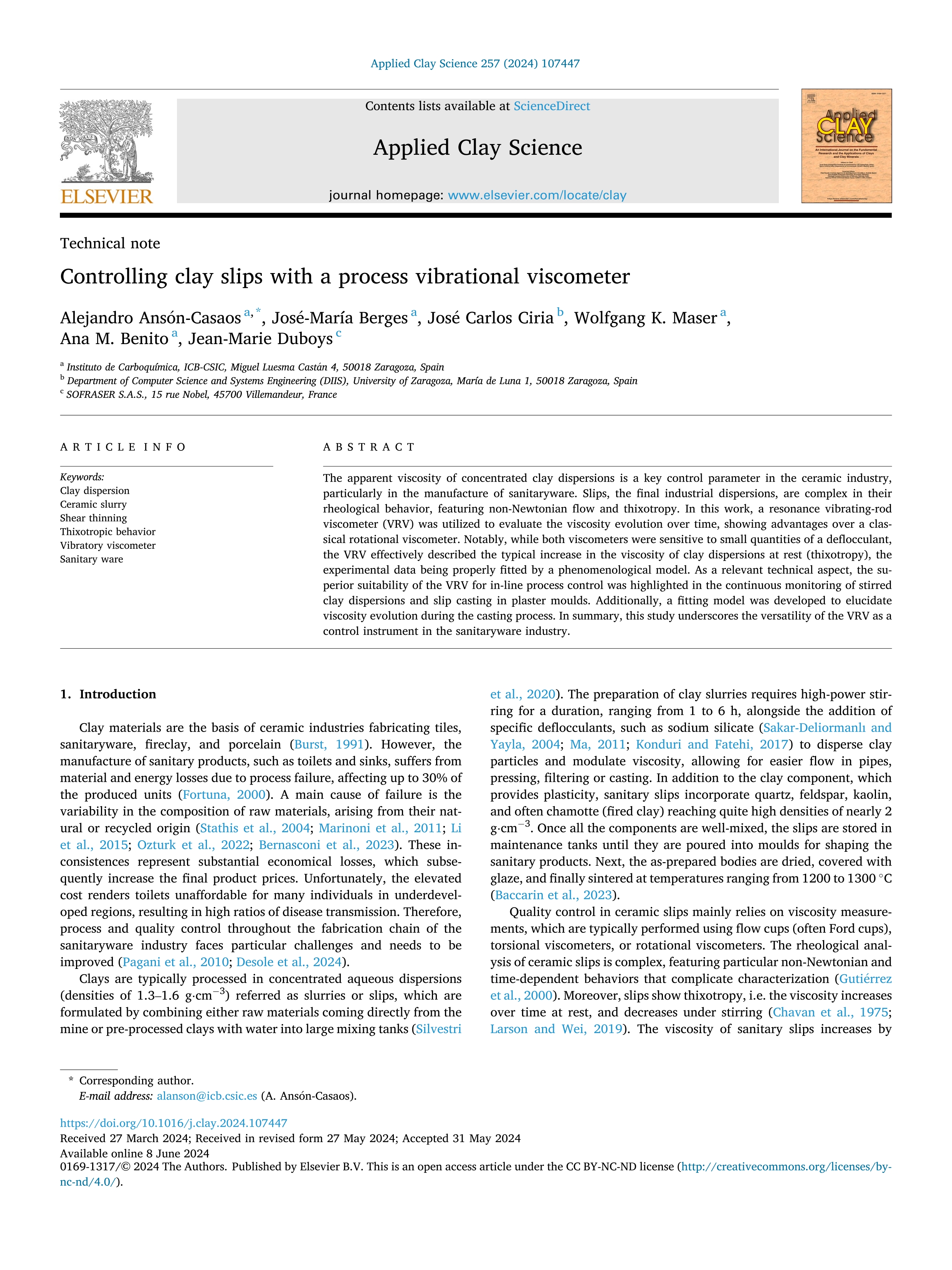 Controlling clay slips with a process vibrational viscometer