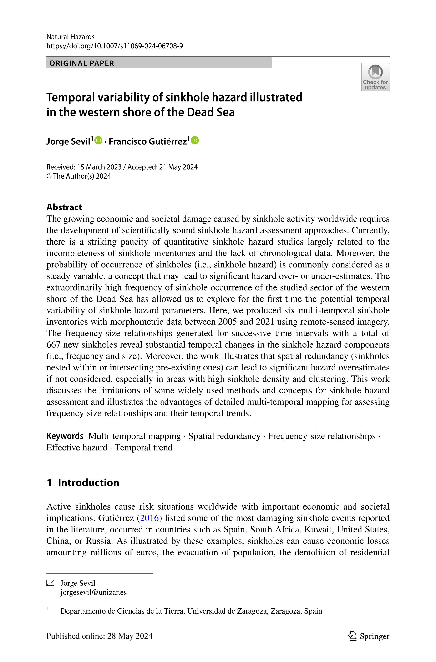 Temporal variability of sinkhole hazard illustrated in the western shore of the Dead Sea