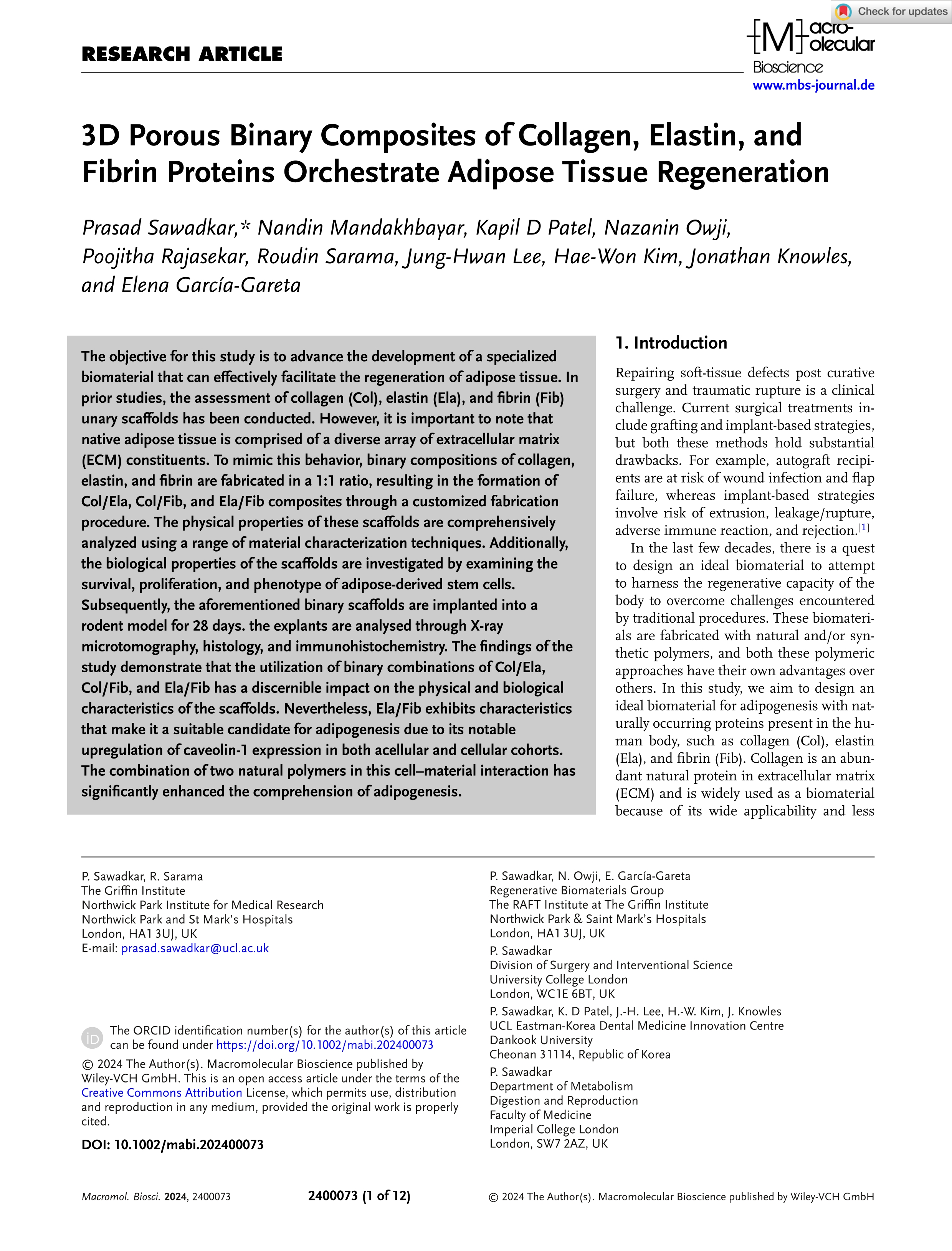 3D porous binary composites of collagen, elastin, and fibrin proteins orchestrate adipose tissue regeneration