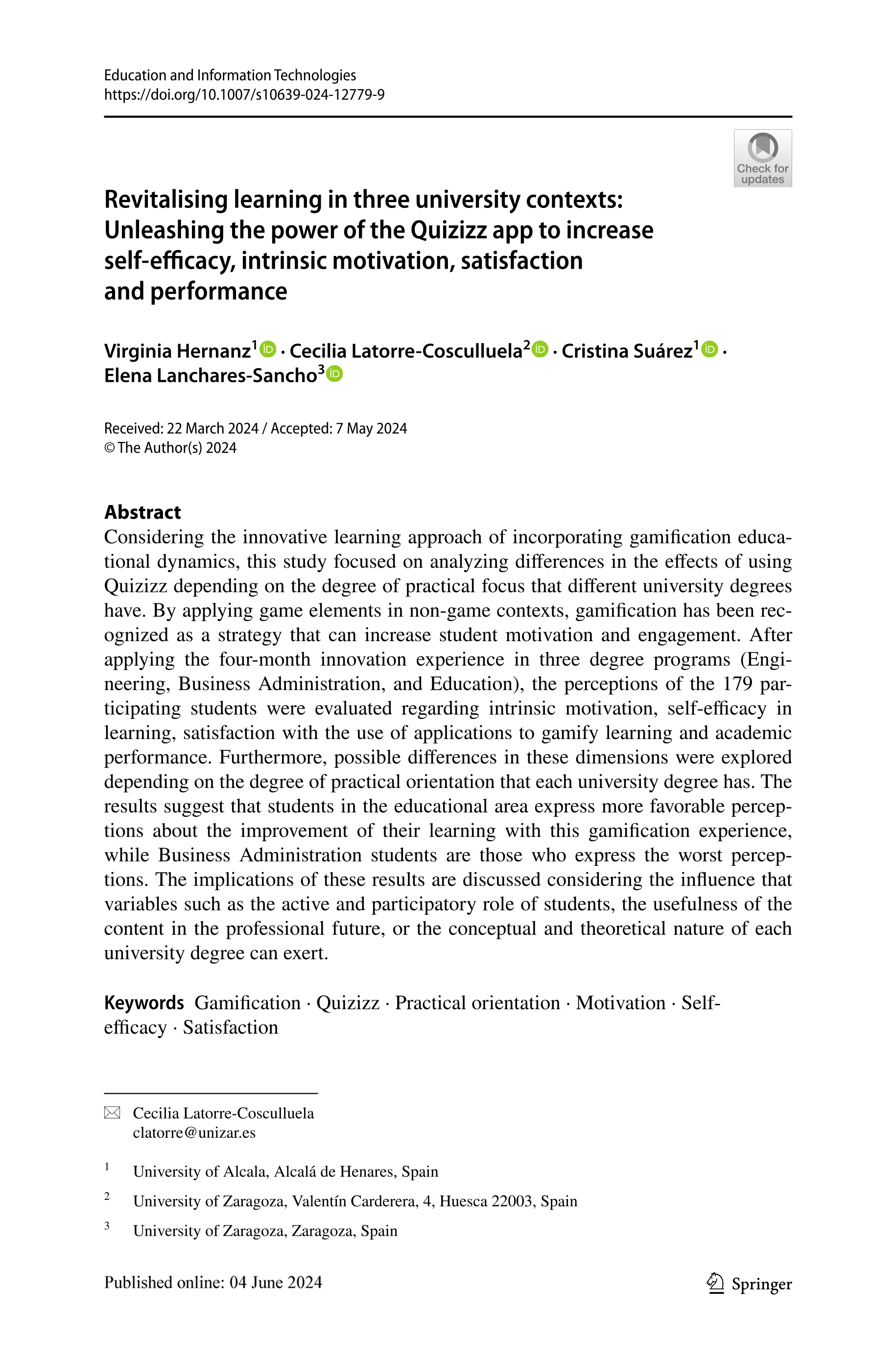 Revitalising learning in three university contexts: Unleashing the power of the Quizizz app to increase self-efficacy, intrinsic motivation, satisfaction and performance