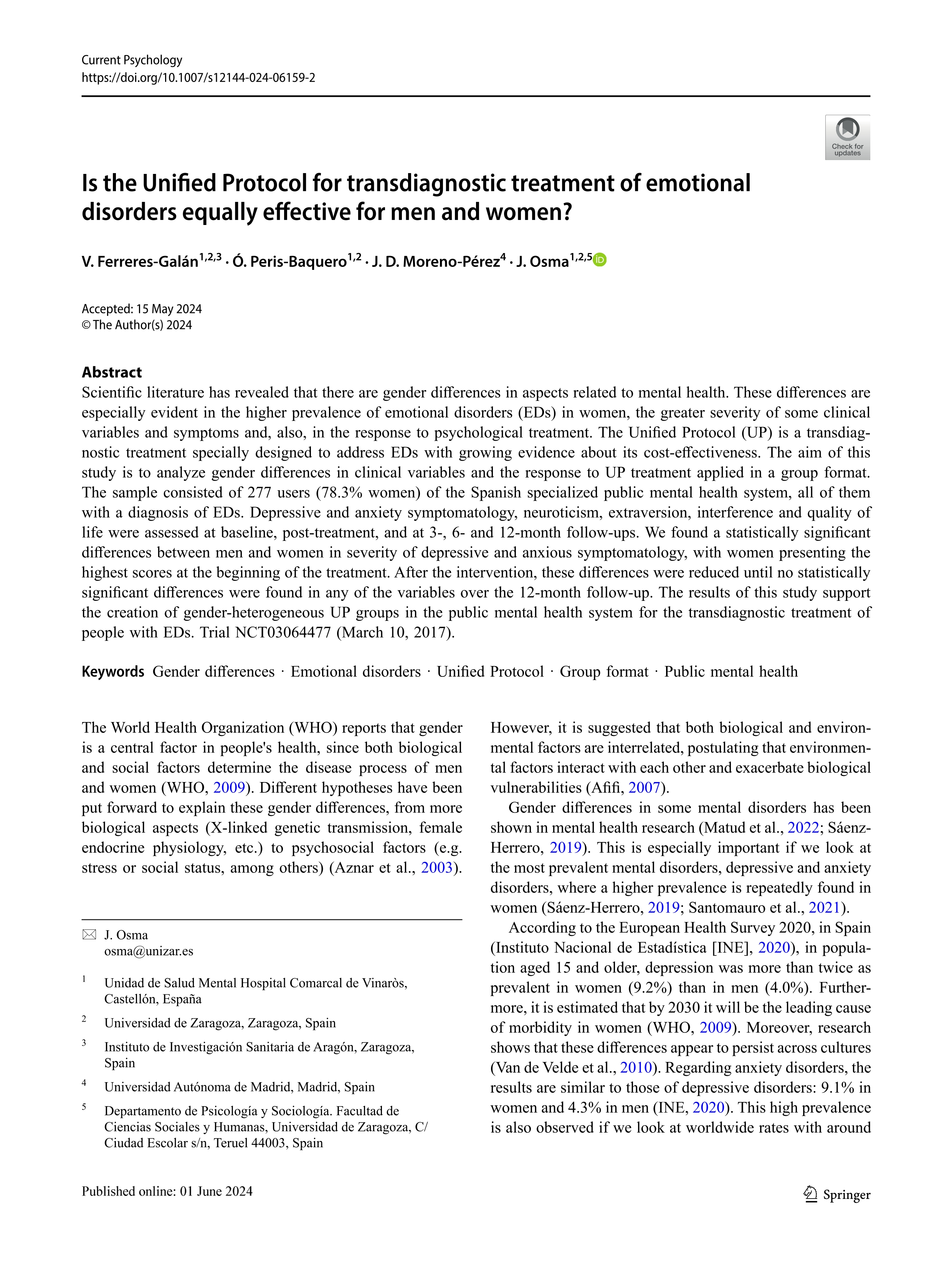 Is the Unified Protocol for transdiagnostic treatment of emotional disorders equally effective for men and women?