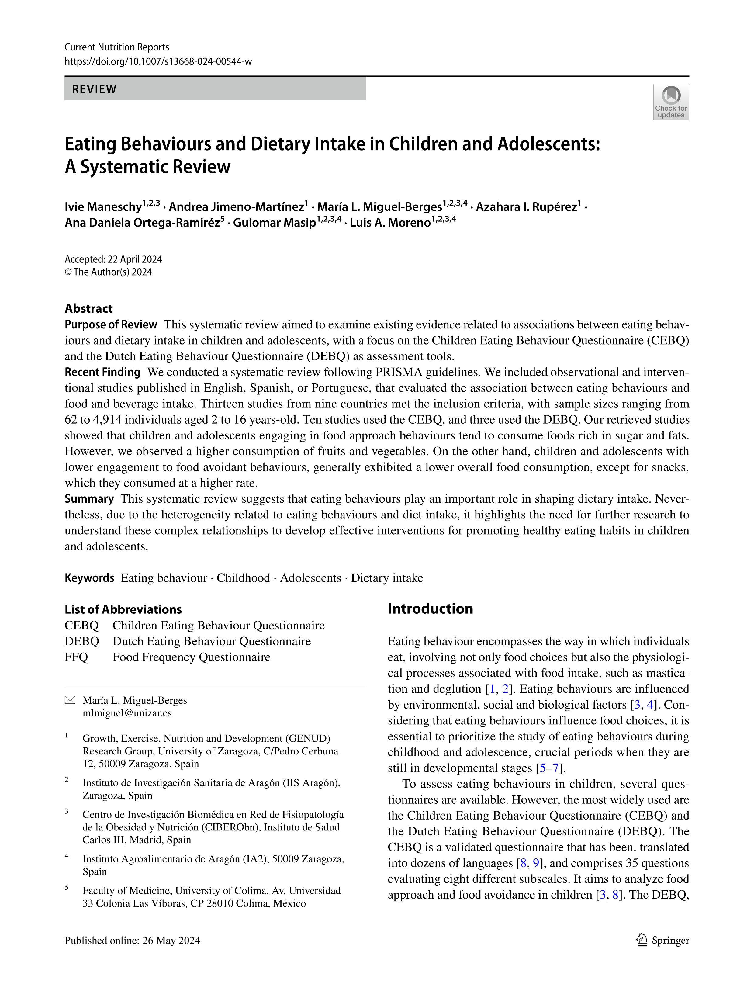 Eating behaviours and dietary intake in children and adolescents: a systematic review