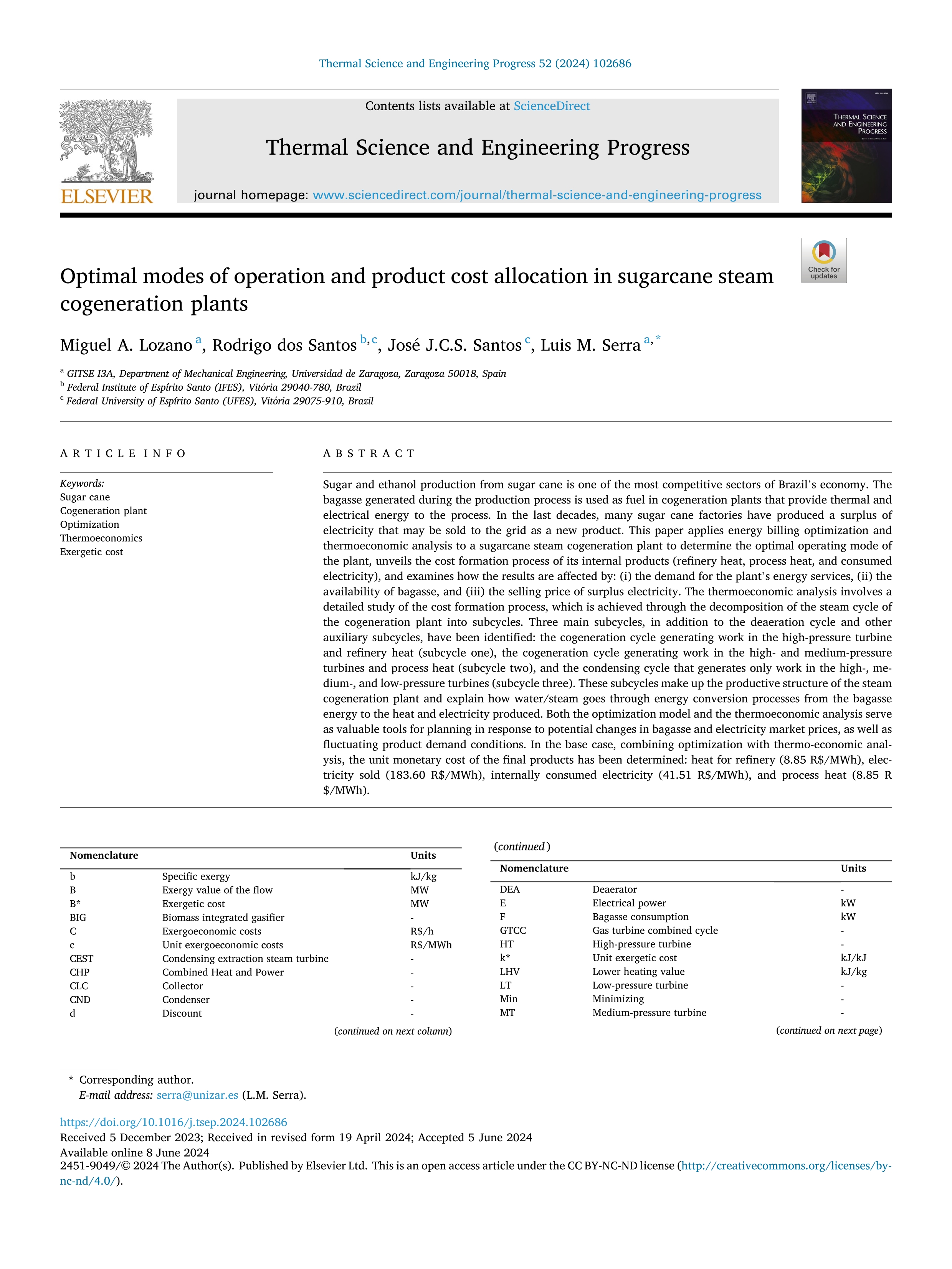 Optimal modes of operation and product cost allocation in sugarcane steam cogeneration plants