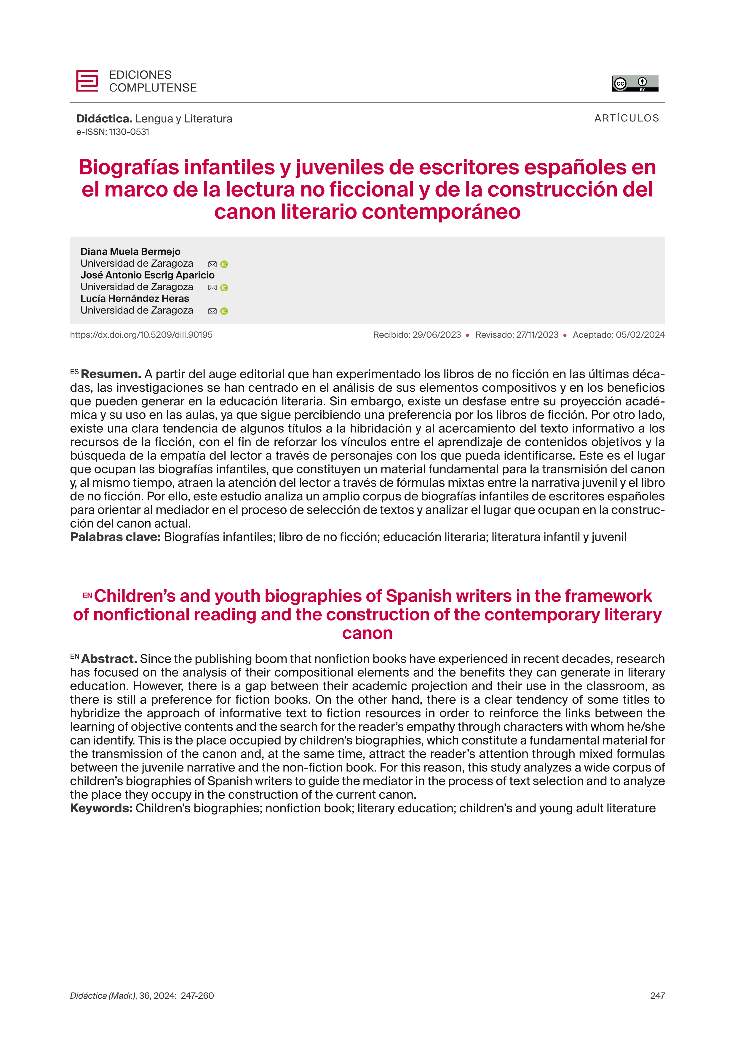 Biografías infantiles y juveniles de escritores españoles en el marco de la lectura no ficcional y de la construcción del canon literario contemporáneo