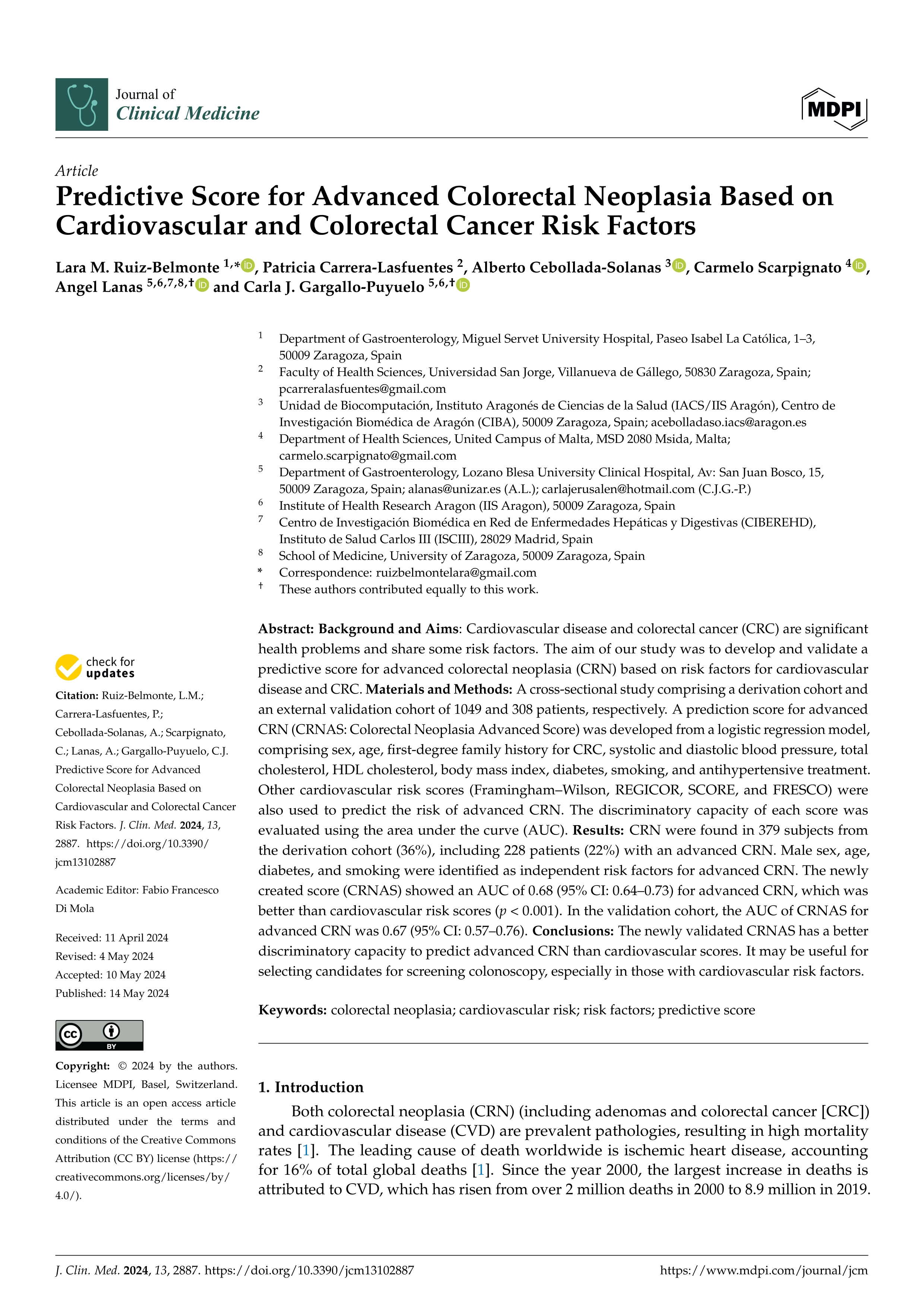 Predictive score for advanced colorectal neoplasia based on cardiovascular and colorectal cancer risk factors