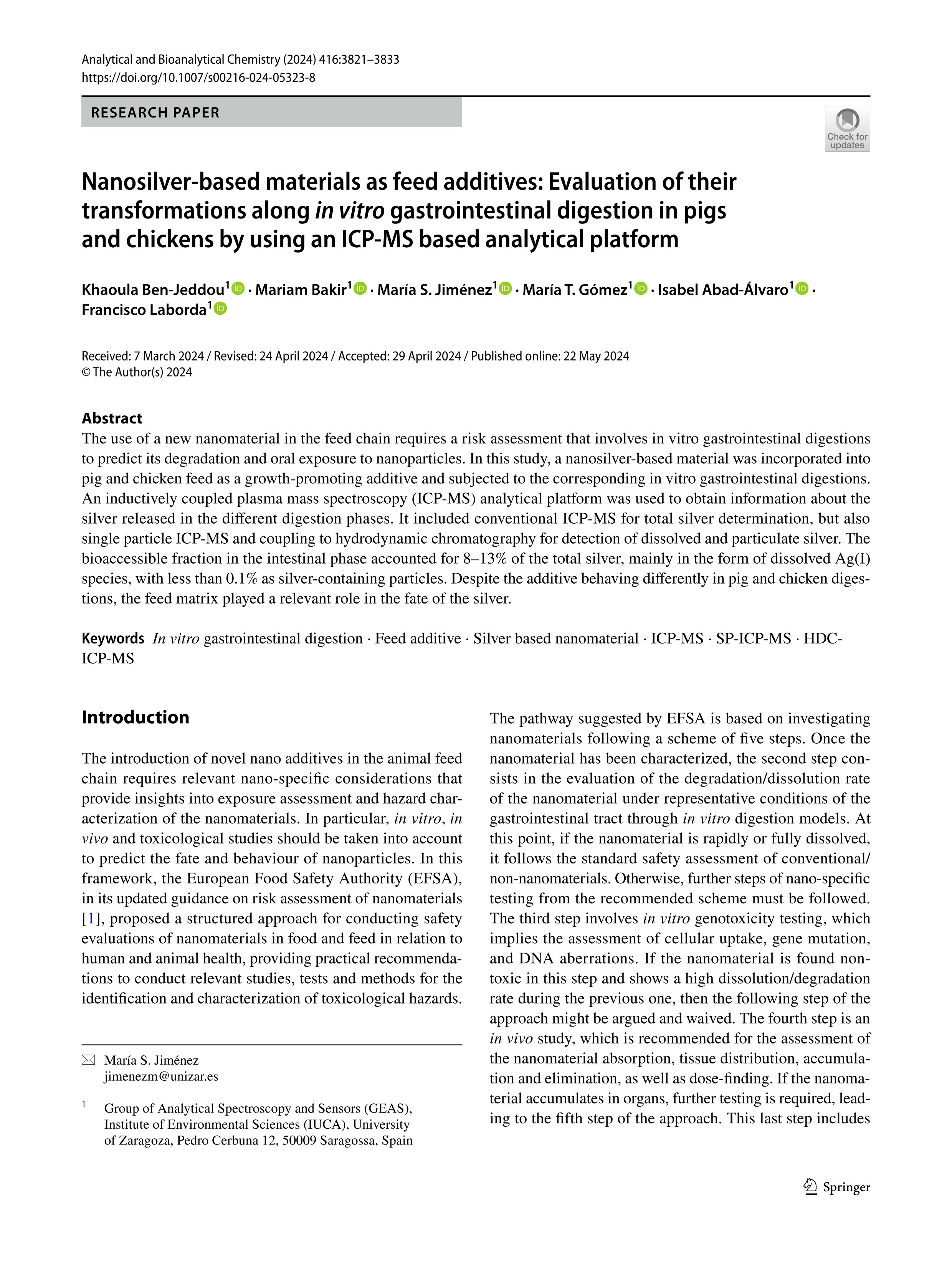 Nanosilver-based materials as feed additives: Evaluation of their transformations along in vitro gastrointestinal digestion in pigs and chickens by using an ICP-MS based analytical platform