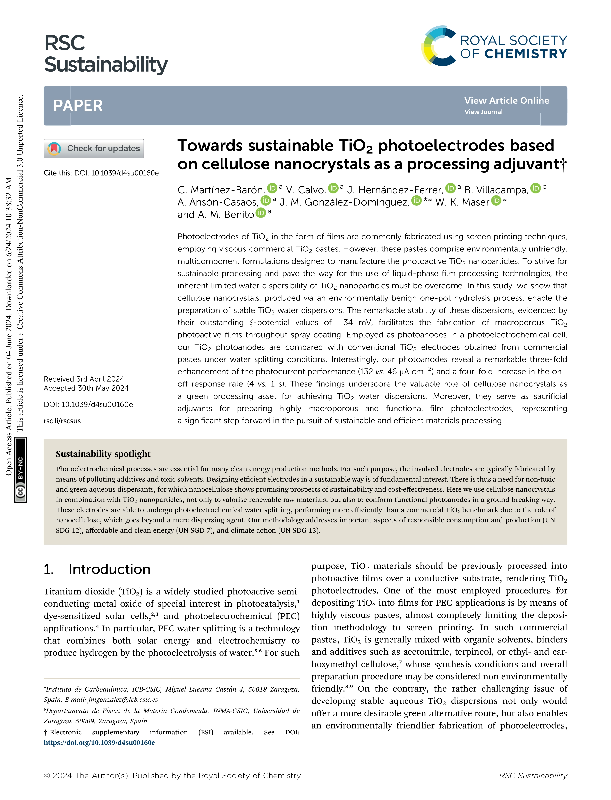 Towards sustainable TiO2 photoelectrodes based on cellulose nanocrystals as a processing adjuvant