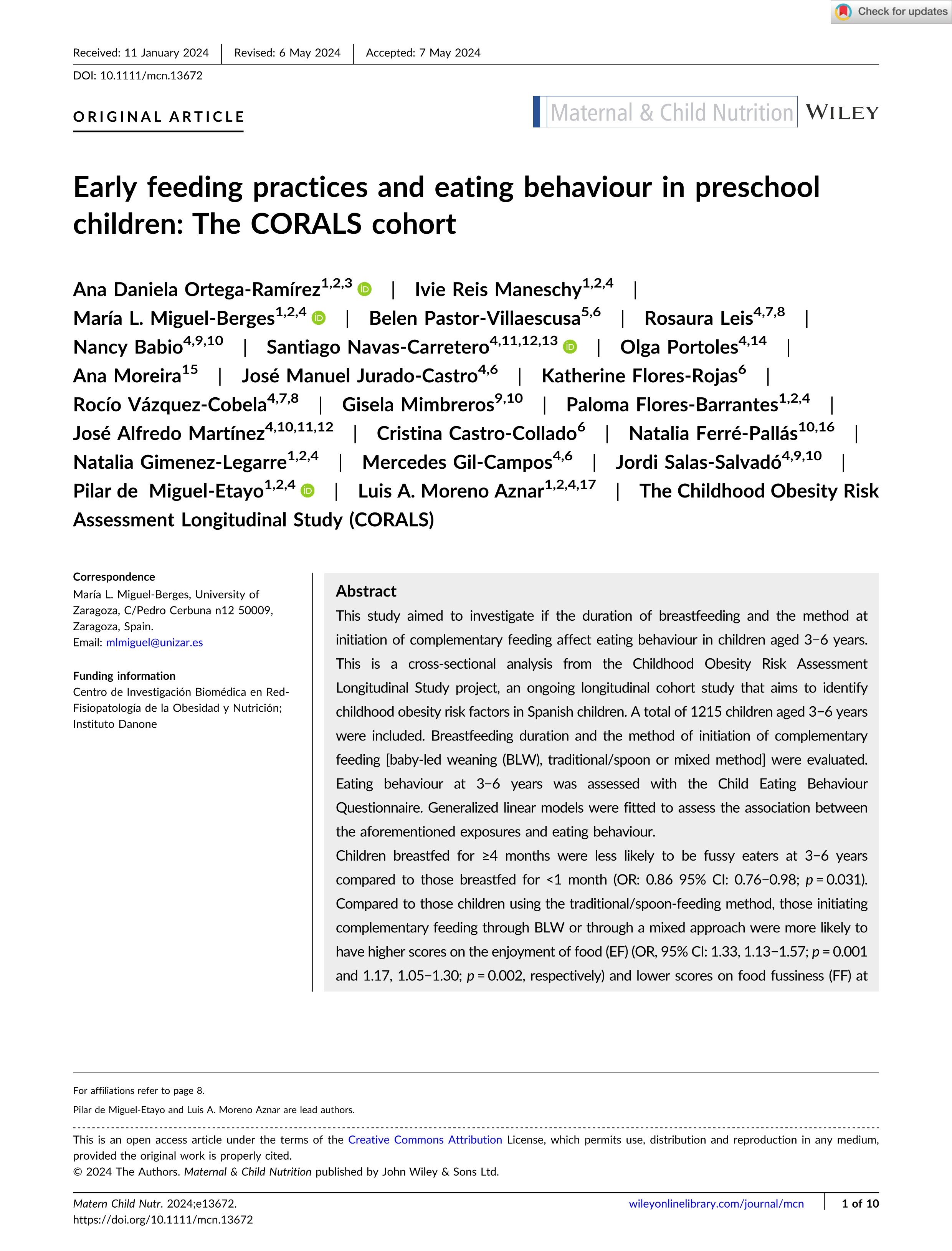 Early feeding practices and eating behaviour in preschool children: The CORALS cohort