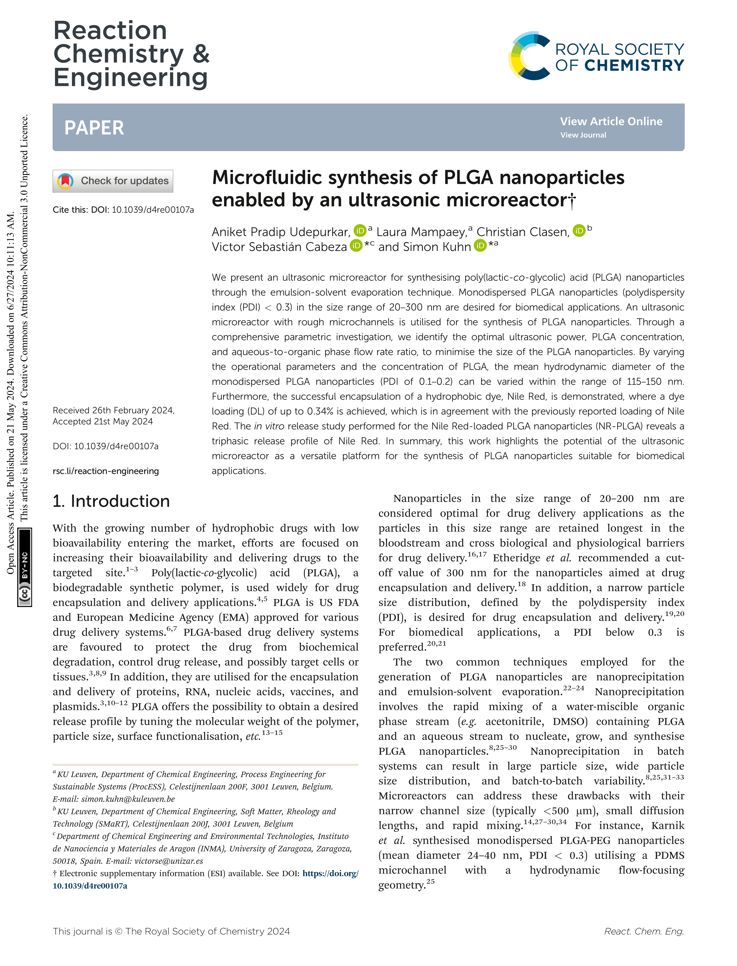 Microfluidic synthesis of PLGA nanoparticles enabled by an ultrasonic microreactor