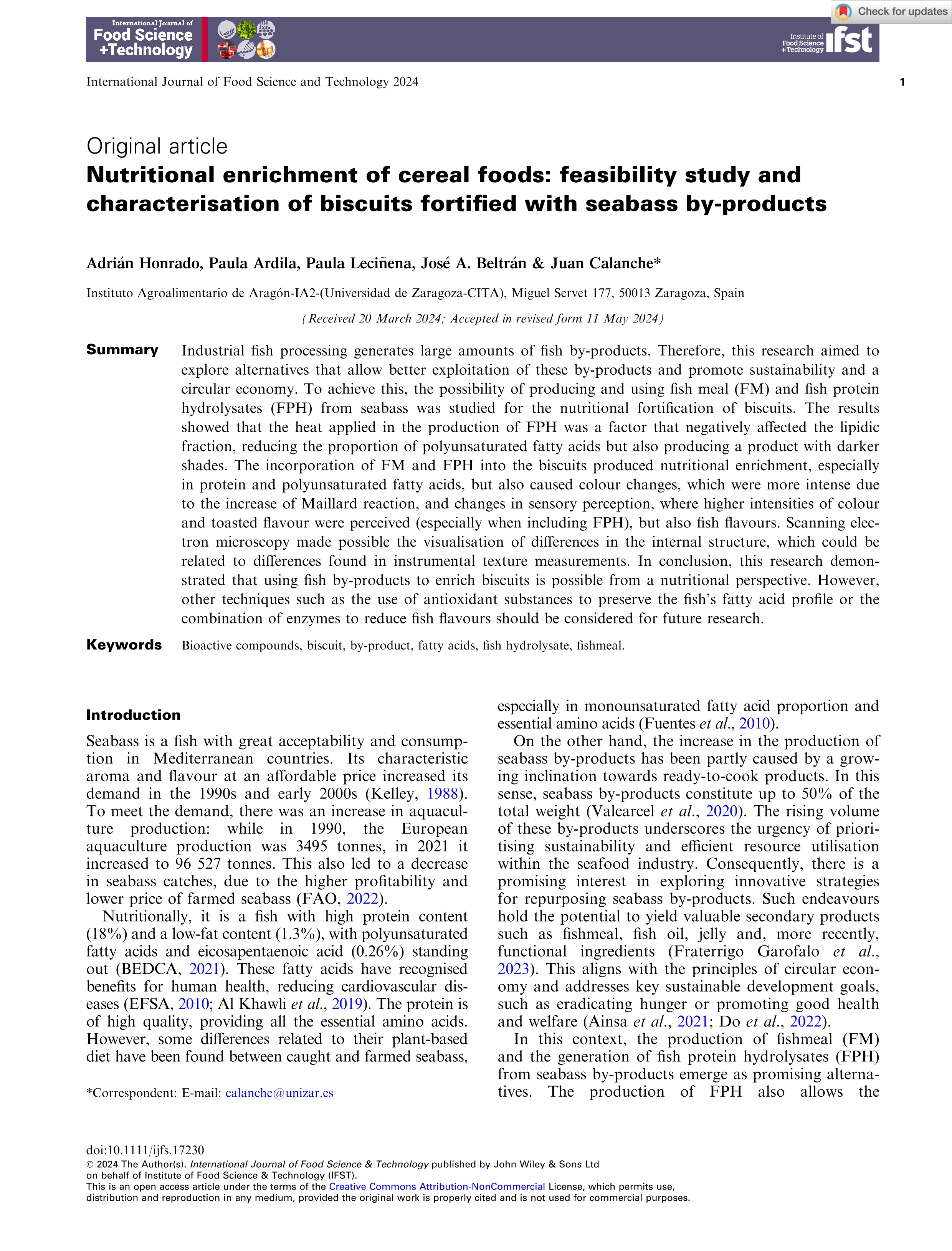 Nutritional enrichment of cereal foods: feasibility study and characterisation of biscuits fortified with seabass by-products