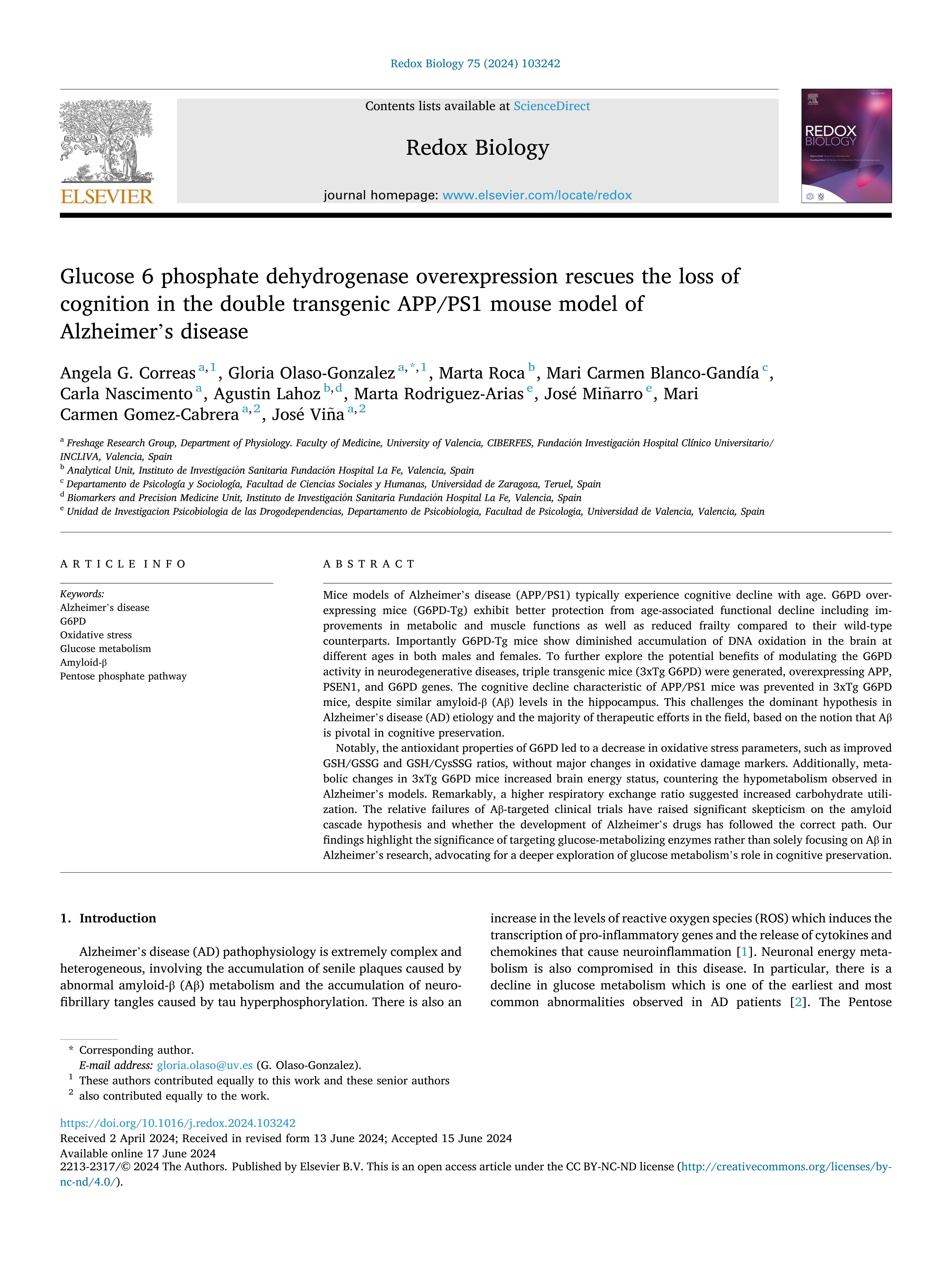 Glucose 6 phosphate dehydrogenase overexpression rescues the loss of cognition in the double transgenic APP/PS1 mouse model of Alzheimer’s disease