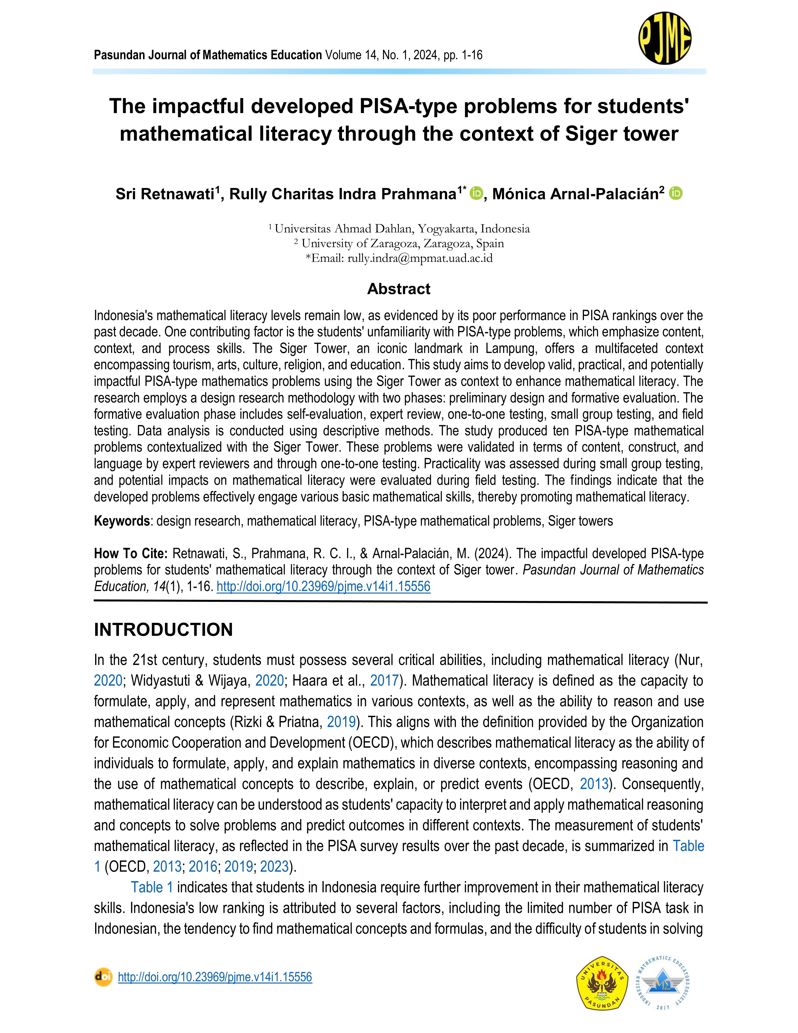 The impactful developed PISA-type problems for students' mathematical literacy through the context of Siger tower