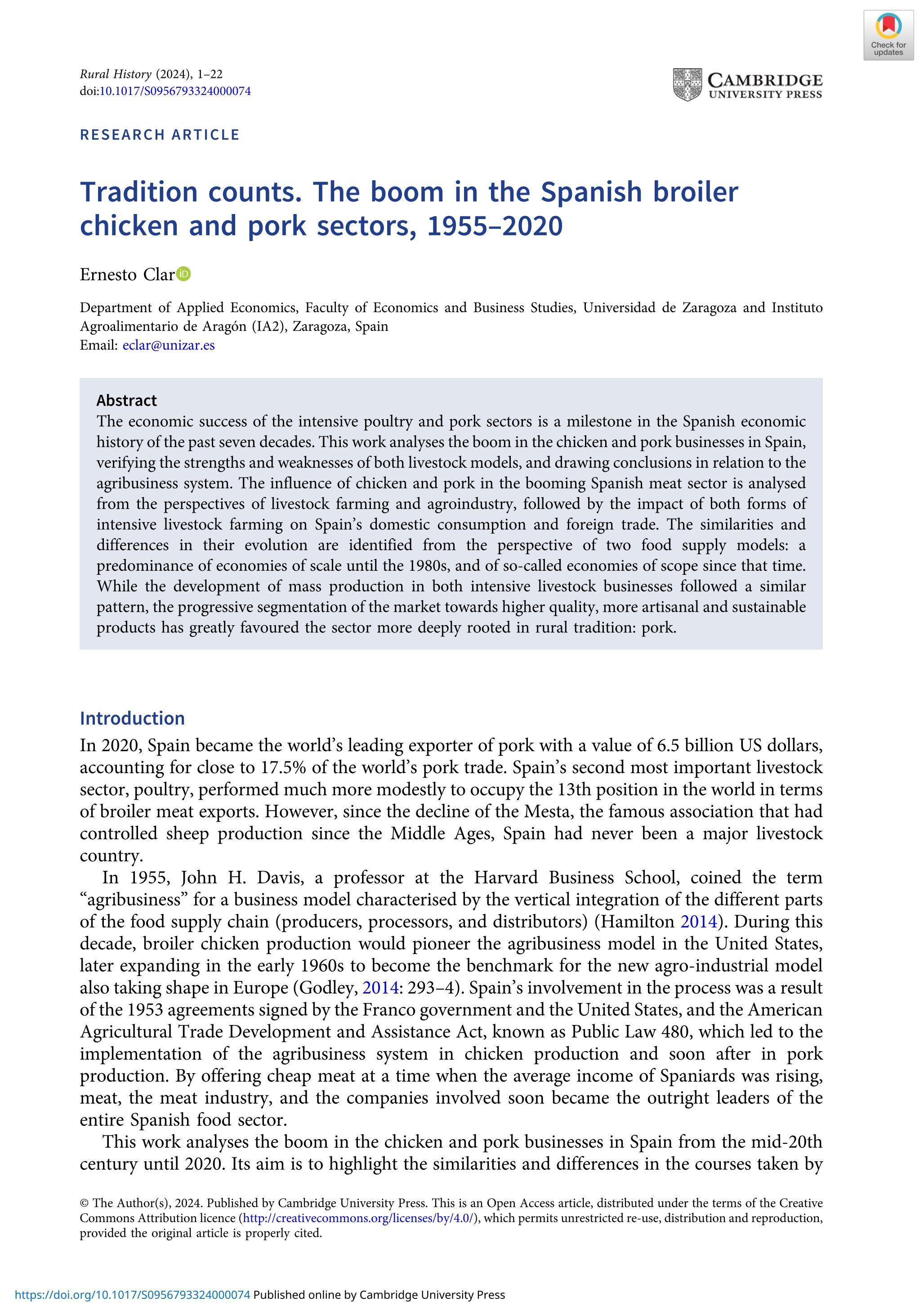 Tradition counts. The boom in the Spanish broiler chicken and pork sectors, 1955–2020