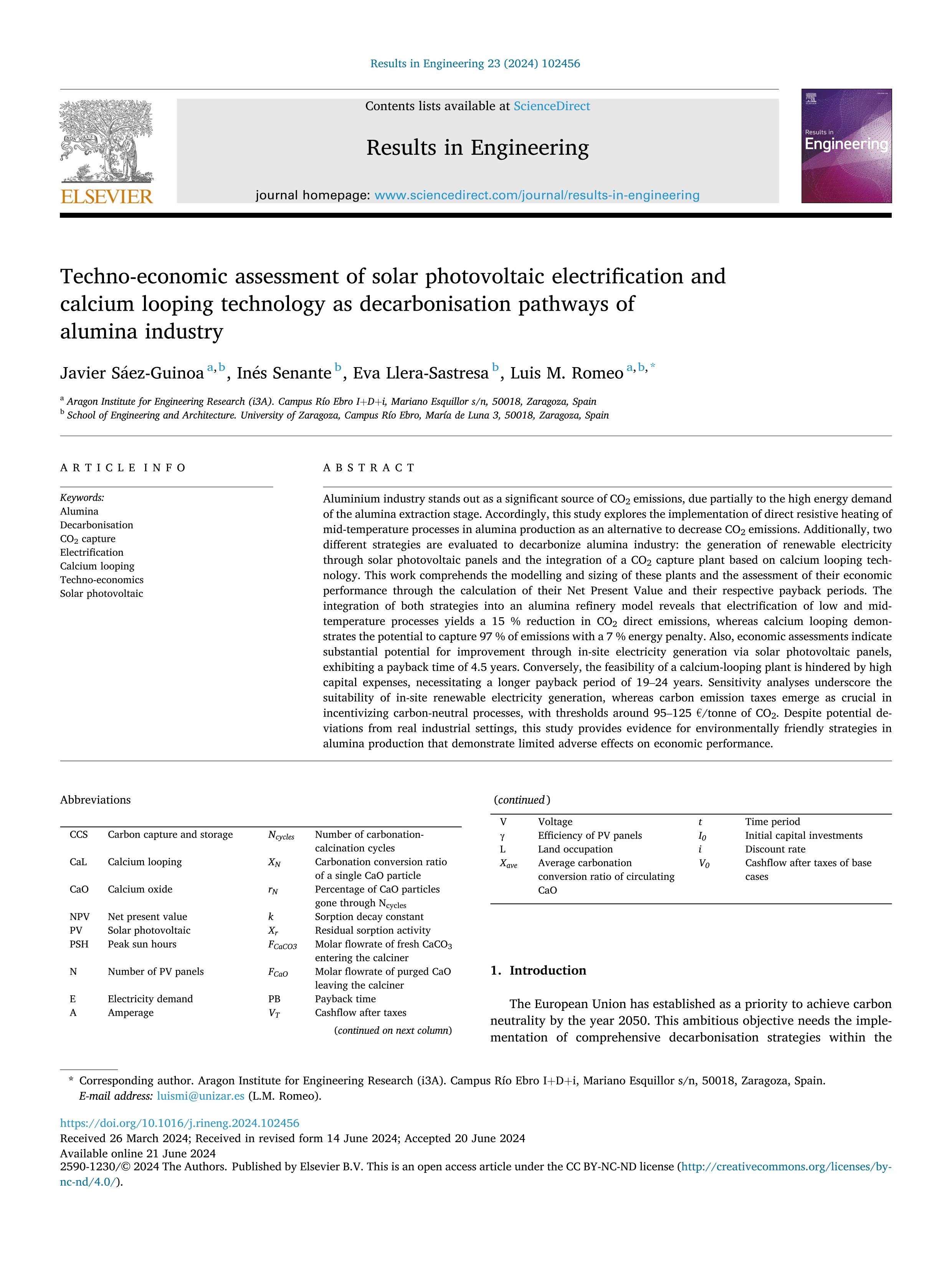 Techno-economic assessment of solar photovoltaic electrification and calcium looping technology as decarbonisation pathways of alumina industry