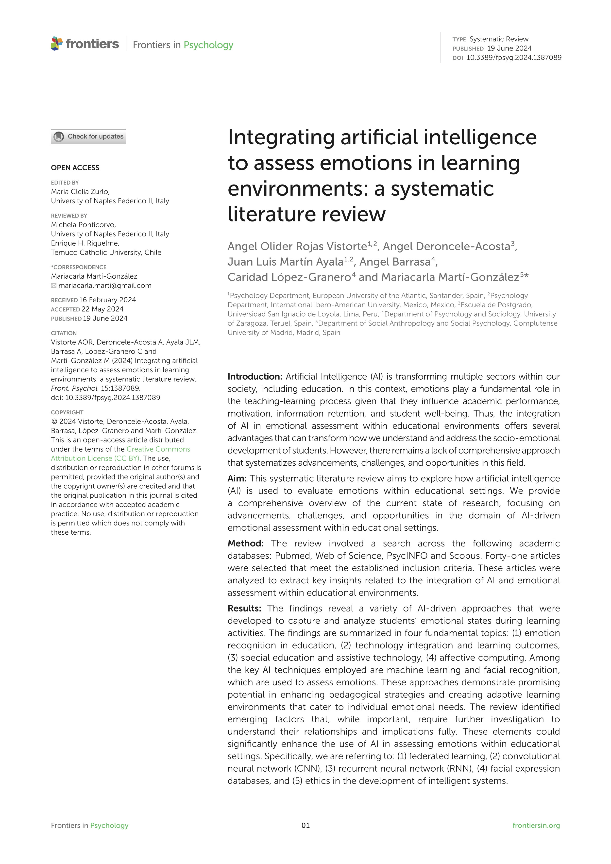 Integrating artificial intelligence to assess emotions in learning environments: a systematic literature review