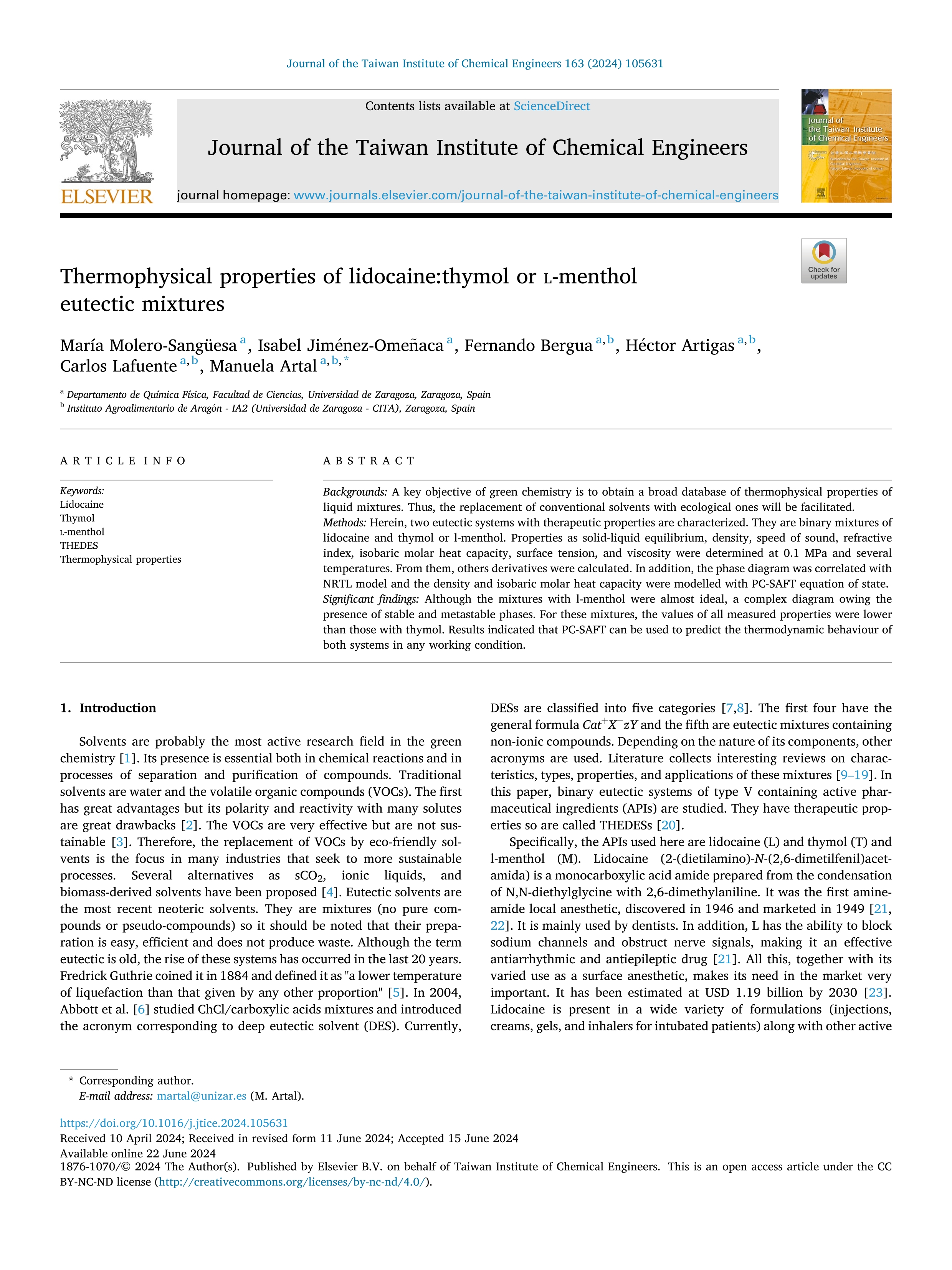 Thermophysical properties of lidocaine:thymol or l-menthol eutectic mixtures