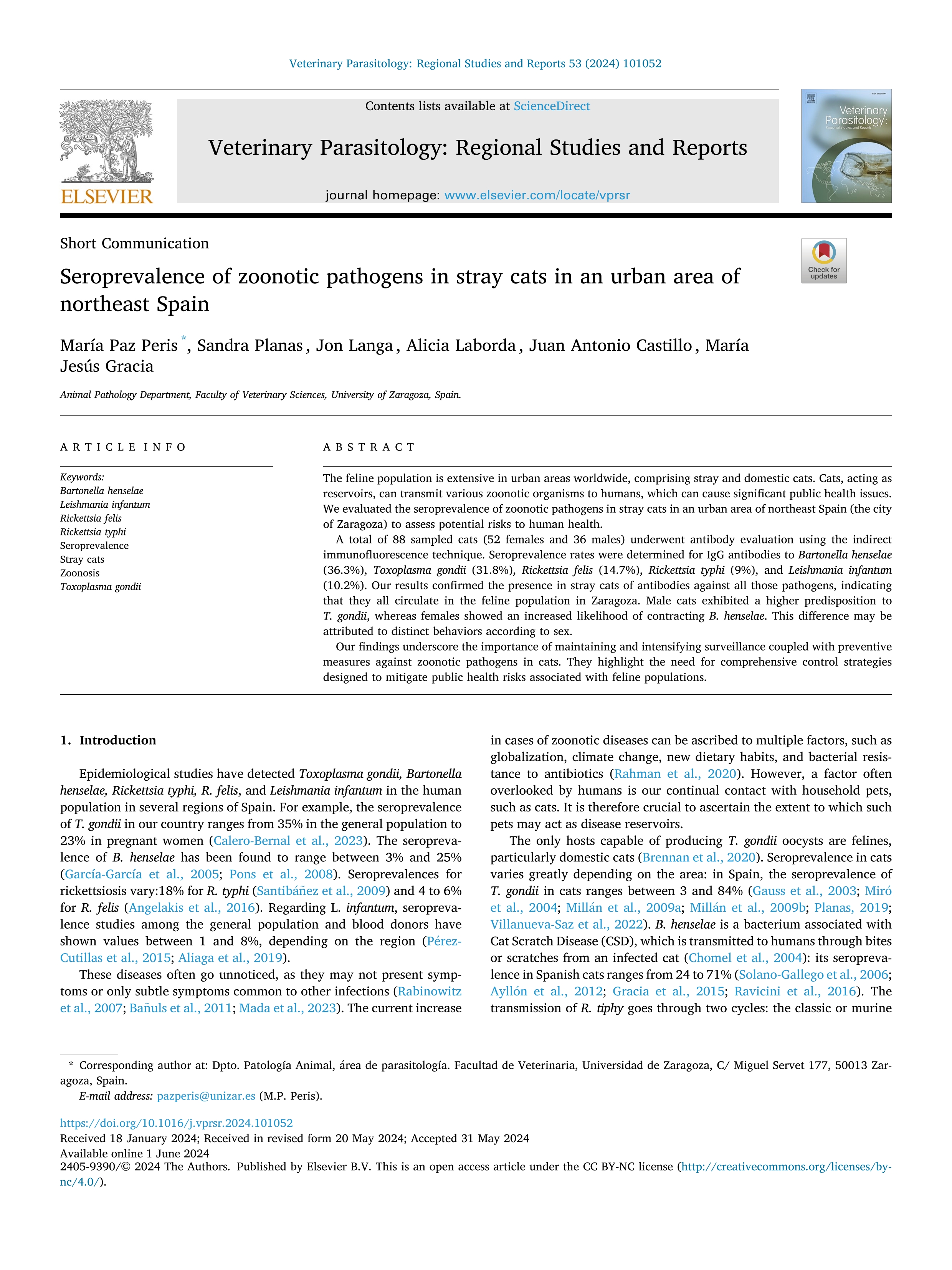 Seroprevalence of zoonotic pathogens in stray cats in an urban area of northeast Spain