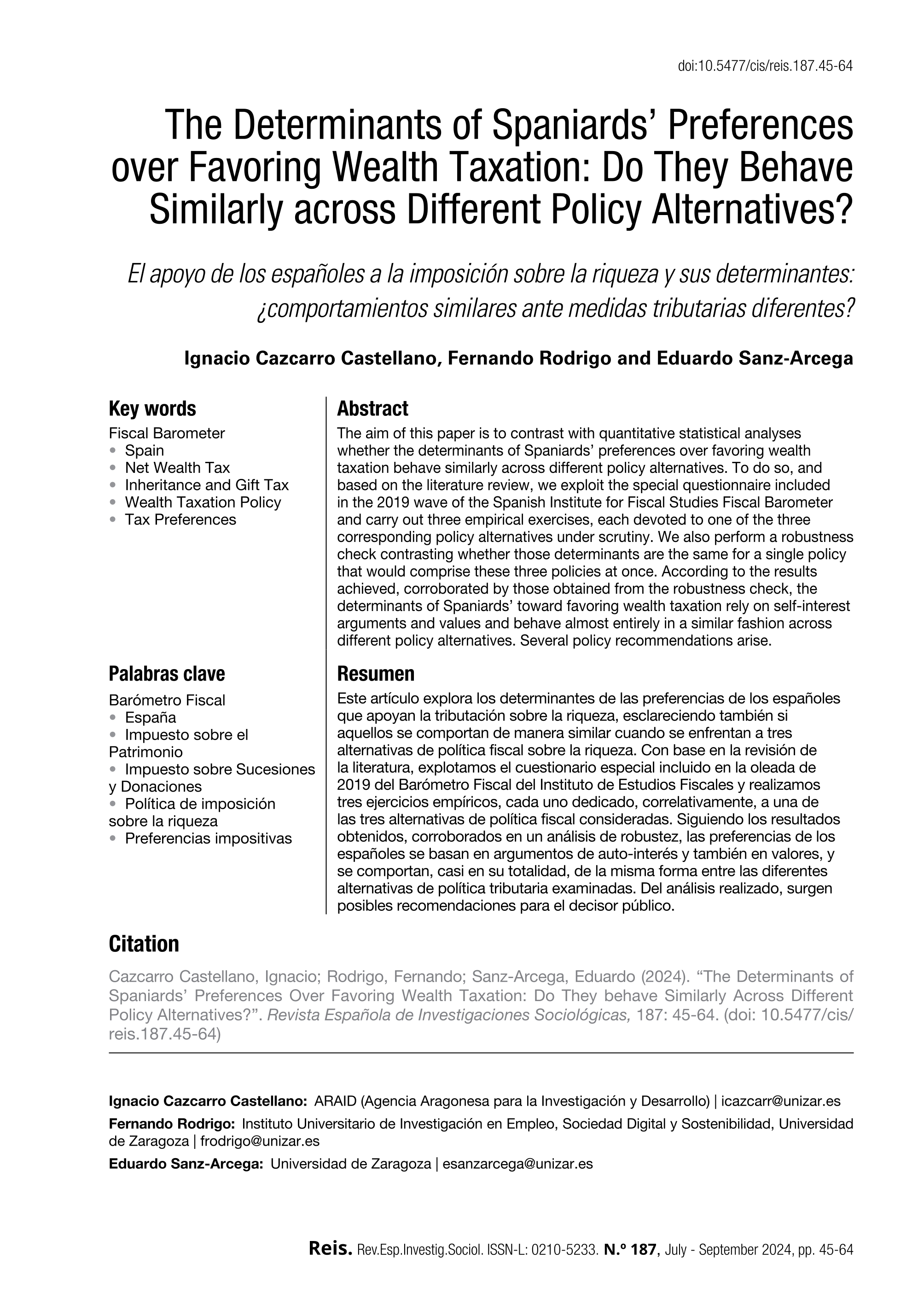 The Determinants of Spaniards’ Preferences over Favoring Wealth Taxation: Do They Behave Similarly across Different Policy Alternatives?