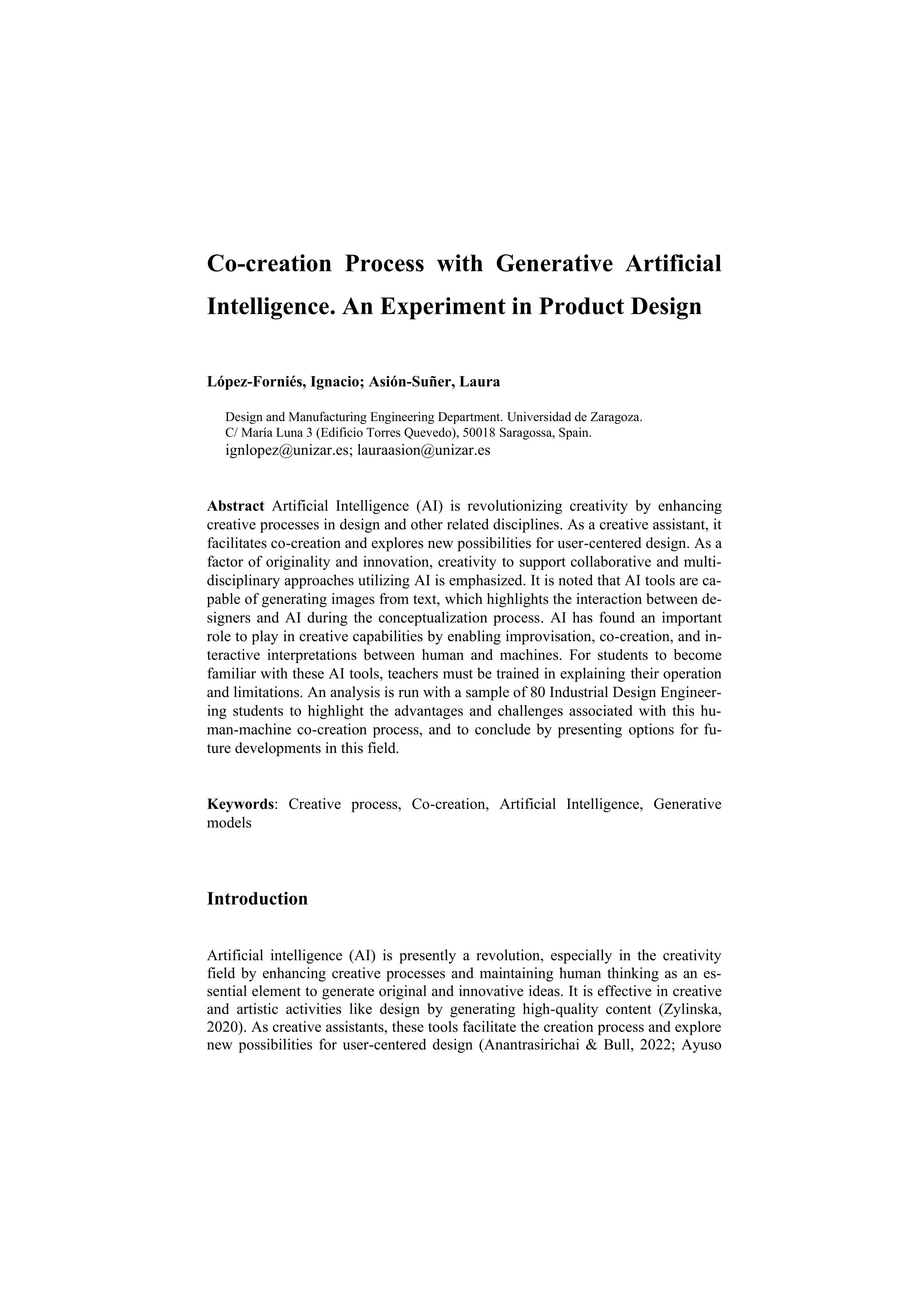 Co-creation process with generative artificial intelligence-an experiment in product design