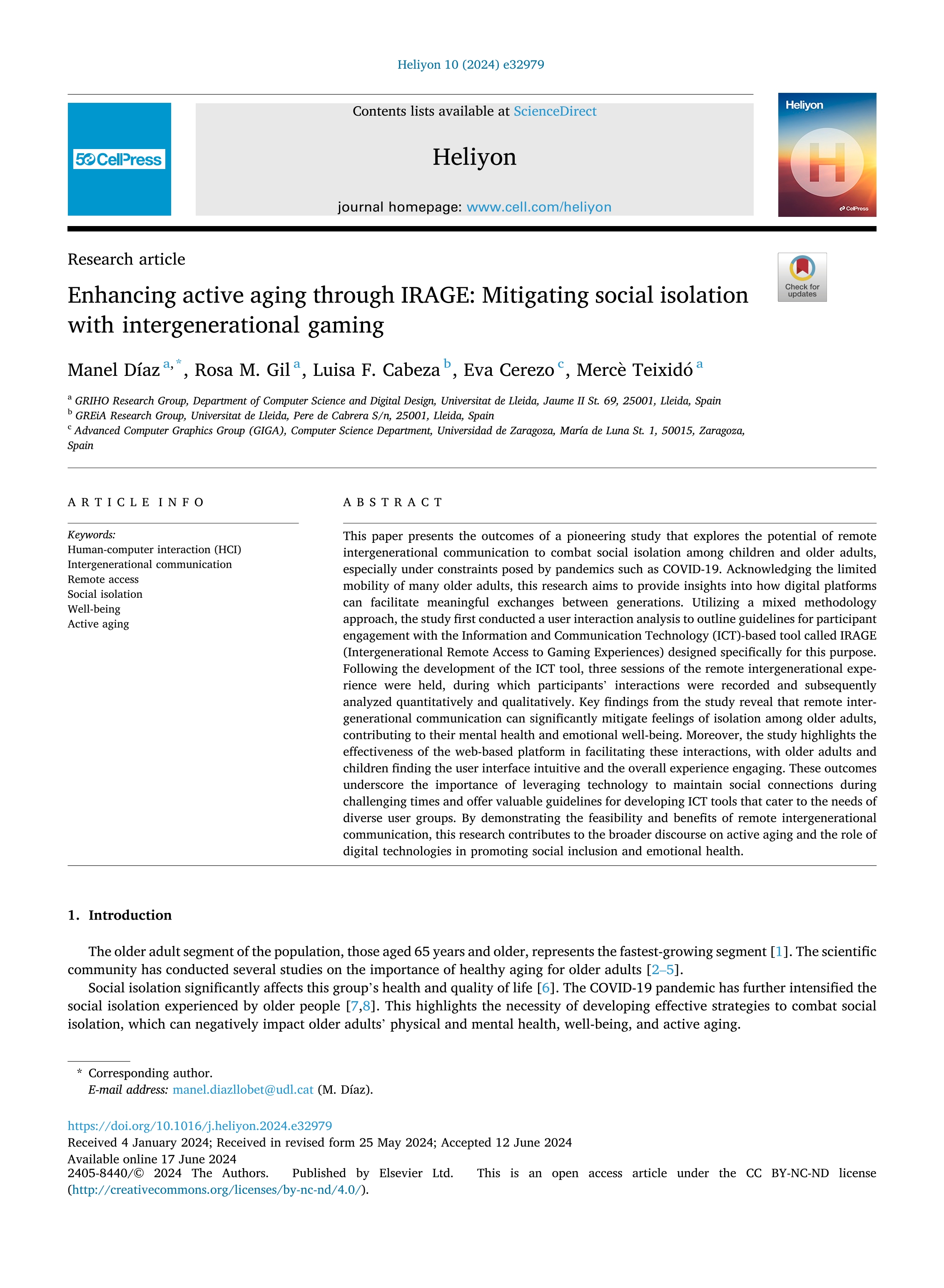 Enhancing active aging through IRAGE: Mitigating social isolation with intergenerational gaming