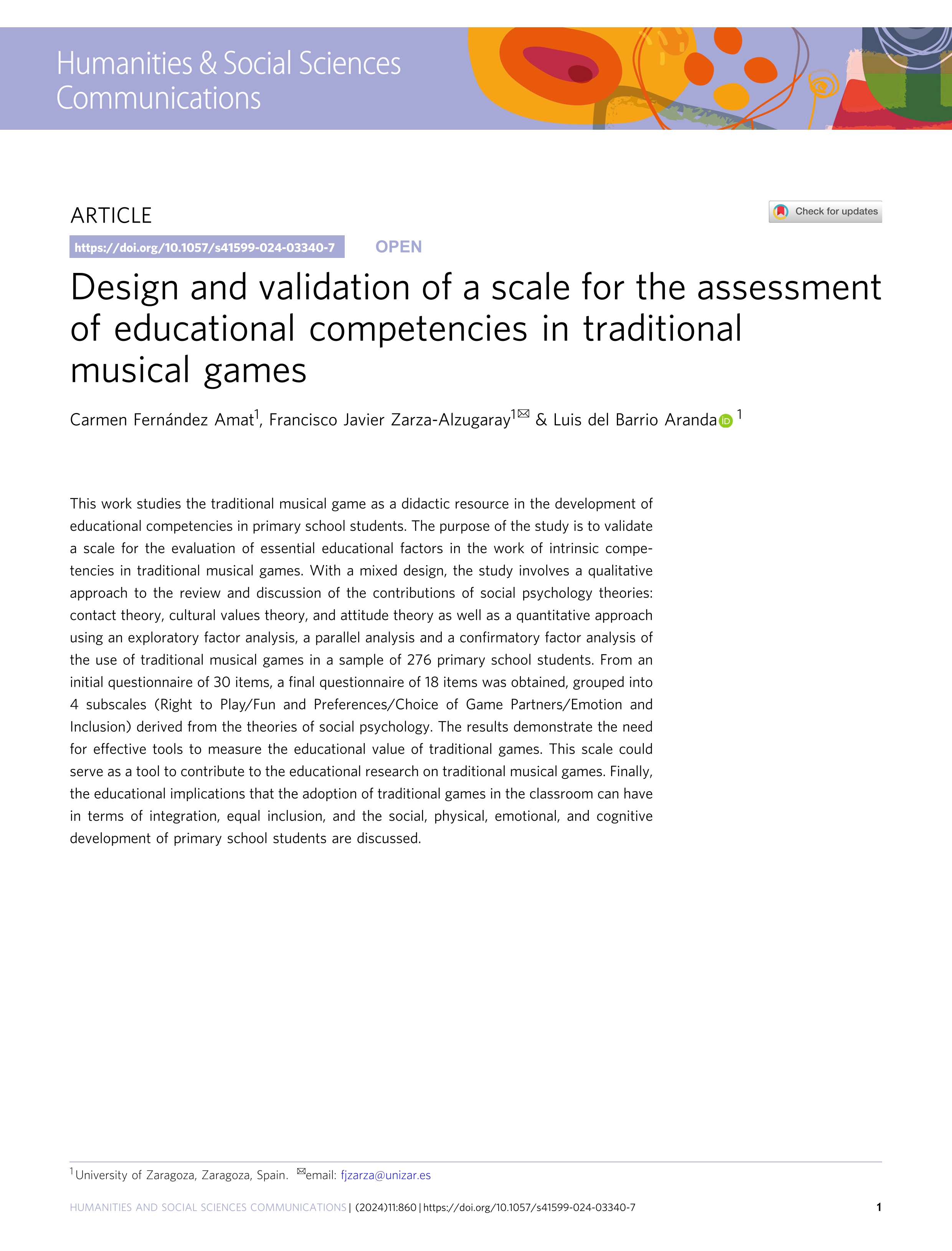 Design and validation of a scale for the assessment of educational competencies in traditional musical games