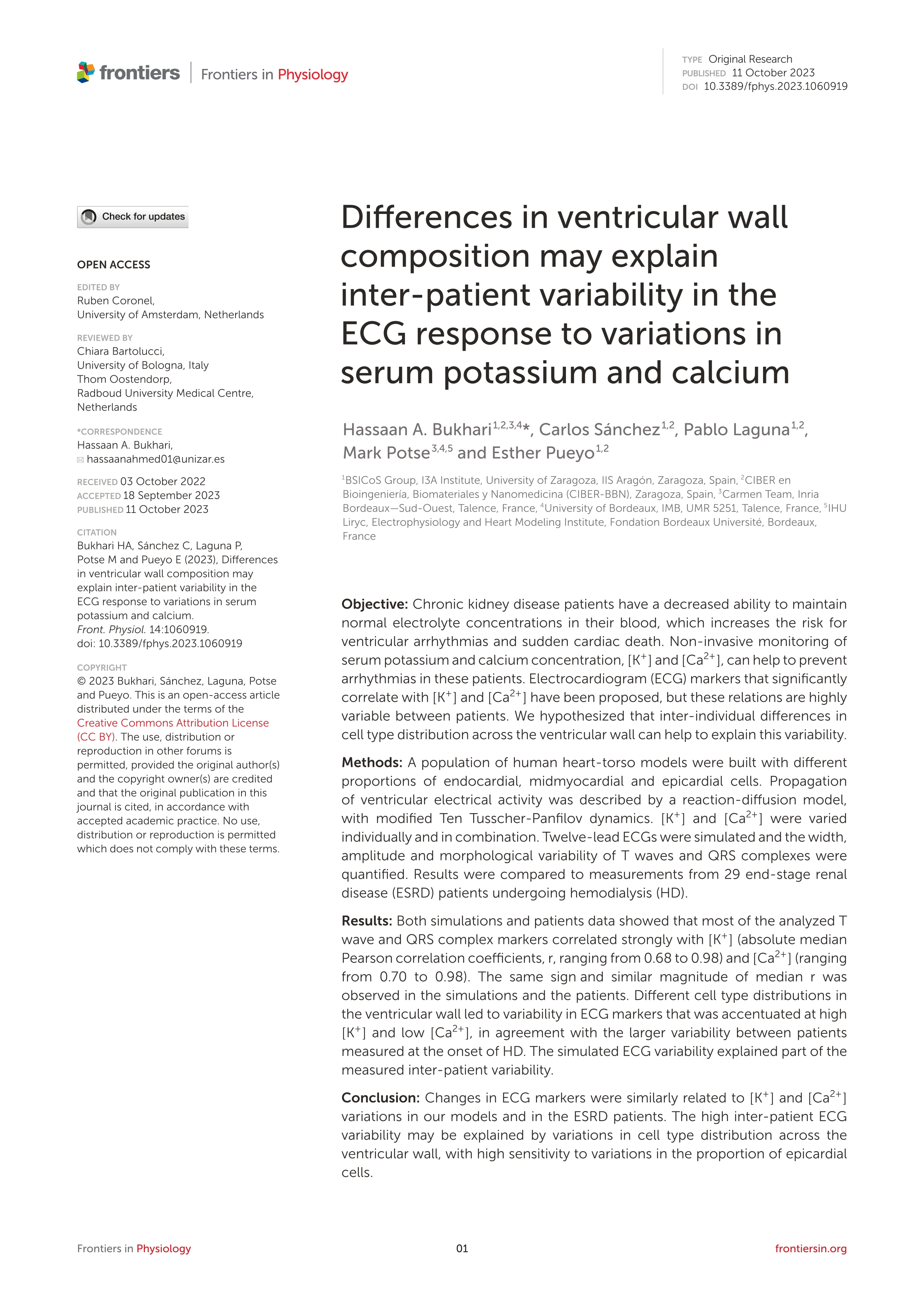 Differences in ventricular wall composition may explain inter-patient variability in the ECG response to variations in serum potassium and calcium